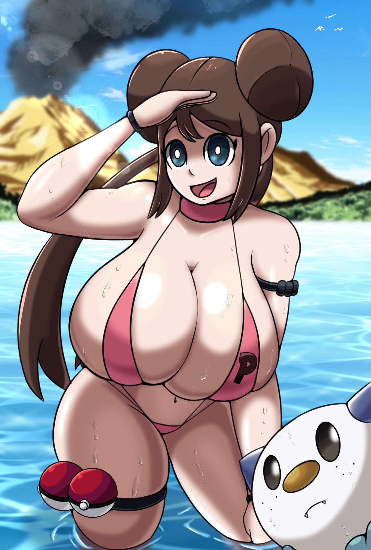 1girls big_breasts bikini bikini_bottom bikini_top blue_eyes bottomwear breasts brown_hair cleavage double_bun female female_focus game_freak huge_breasts large_breasts magma442 micro_bikini neckwear oshawott pink_bikini pokeball pokemon pokemon_(species) pokemon_bw rosa_(pokemon) smile swimwear thigh_strap thighs topwear twintails volcano wet wet_body