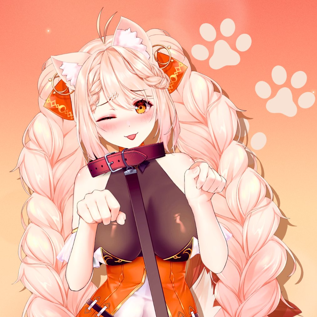 animal_ear_fluff animal_ears bangs bare_shoulders blonde_hair blush braid breasts cat_ears collar dress ebiko_(vtuber) female large_breasts leash long_hair looking_at_viewer one_eye_closed orange_eyes paw_pose paw_print petplay smile solo tongue tongue_out twin_braids upper_body very_long_hair virtual_youtuber