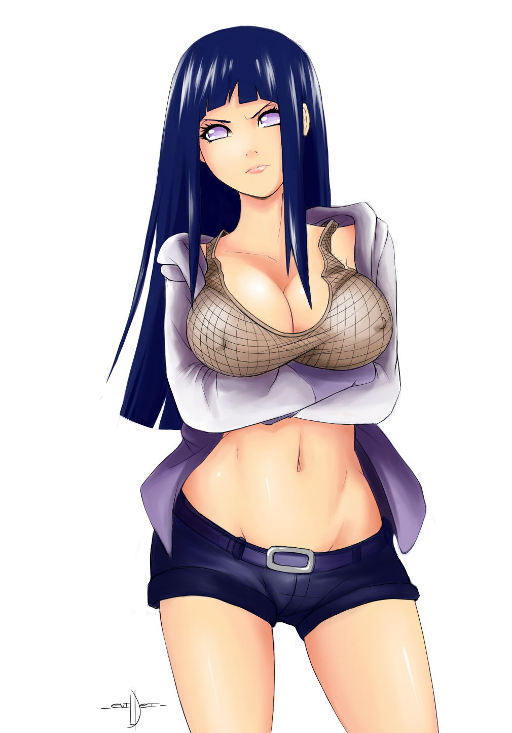 1girls, alternate costume, angry, belt, big breasts, blue hair, bra, breast hold, breasts, cleavage, crossed arms, erect nipples, evildei, female, female only, fishnets, highres, hime cut, human, hyuuga hinata, hyuuga hinata (naruto: road to ninja), jacket, large breasts, long hair, looking at viewer, midriff, mound of venus, naruto, naruto (series), naruto shippuden, naruto: road to ninja, navel, nipples, nipples visible through clothing, open hoodie, open jacket, purple eyes, short shorts, shorts, signature, simple background, slim waist, solo, standing, wide hips