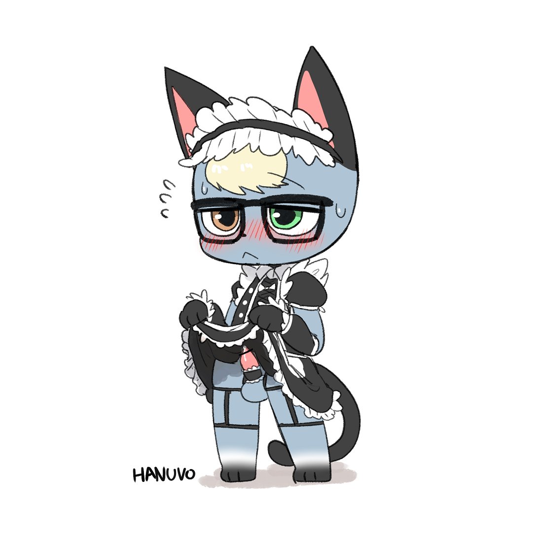 animal_crossing anthro balls biped blonde_hair blush clothing domestic_cat erection eyewear felid feline felis frown fur genitals glasses grey_body grey_fur hair hanuvo heterochromia maid_uniform male mammal nintendo penis raymond_(animal_crossing) simple_background solo uniform white_background