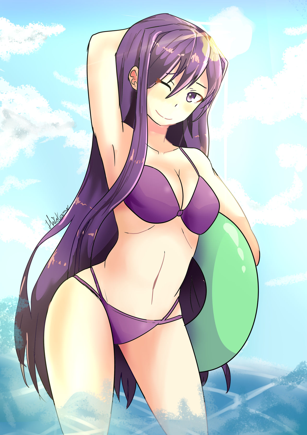 1female 1girls artist_signature bikini bikini_bottom bikini_top breasts cleavage collarbone doki_doki_literature_club female girl hatokame-kun hatokame-kun hatokamek human in_water long_hair navel purple_bikini purple_bikini_bottom purple_bikini_top purple_eyes purple_hair purple_swimsuit swimwear water yuri_(doki_doki_literature_club)