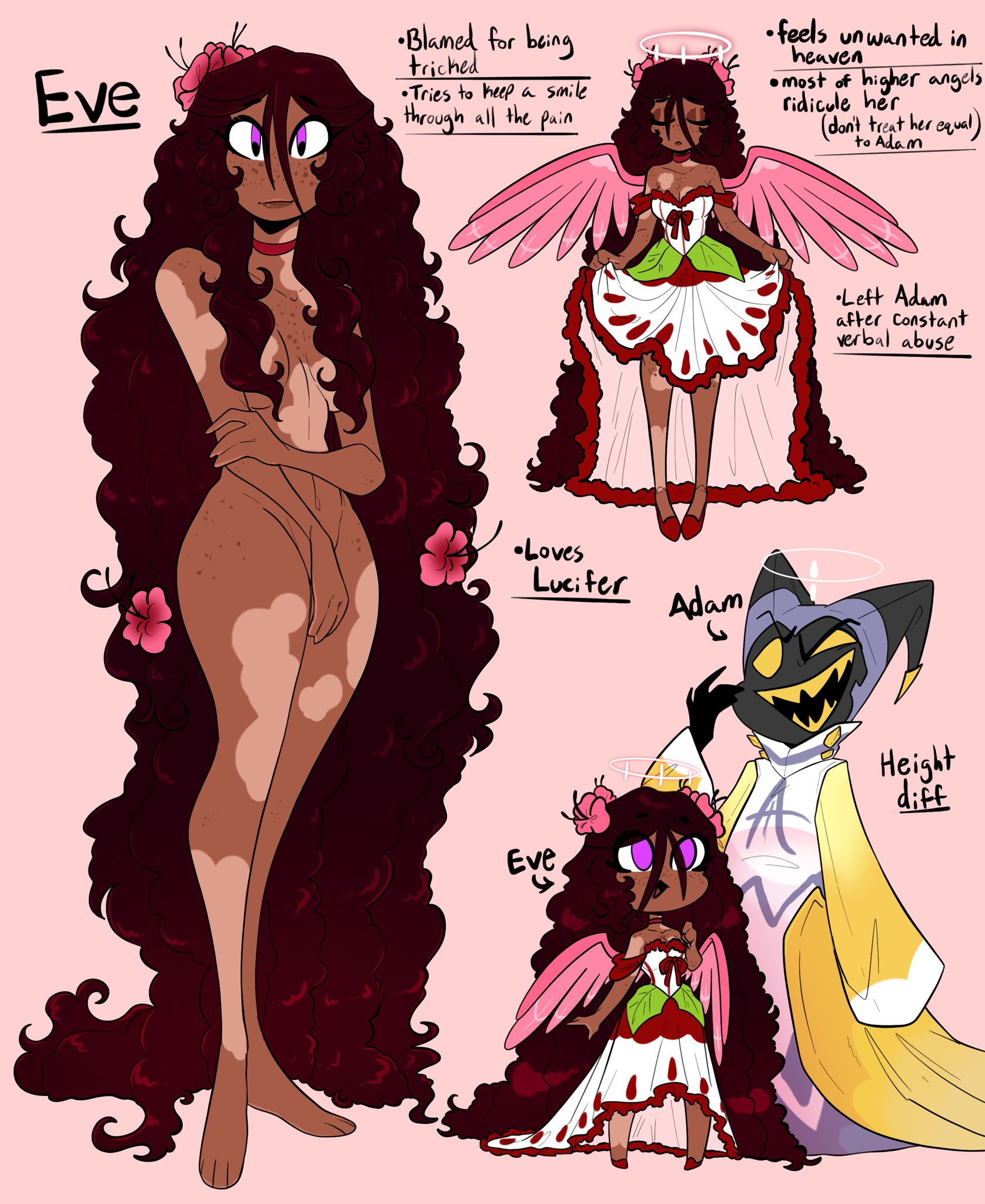 1boy, 1girls, adam (hazbin hotel), belly button, choker, collar, dress, eve (hazbin hotel), female, flower, flower in hair, flowers, flowers in hair, freckles, freckles on chest, freckles on face, halo, hazbin hotel, lifting dress, long hair, male, purple eyes, reference image, text, thighs, whiteartblood