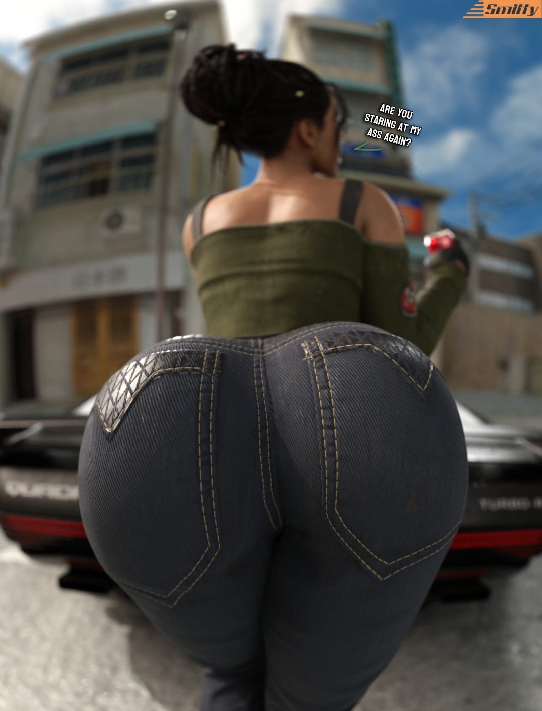 3d, ass, bending over, big ass, black hair, car, cyberpunk 2077, female, green shirt, jeans, legs crossed, panam palmer, smitty34, tan body