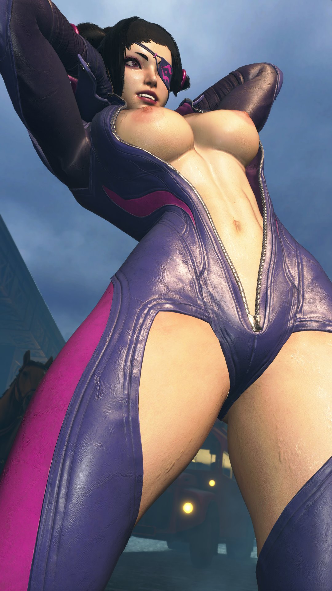 1girls, 3d, 3d (artwork), alternate breast size, big breasts, bodysuit, breasts, female, juri han, low-angle view, mod, nipples, sf screenshot, street fighter, street fighter 6, topless