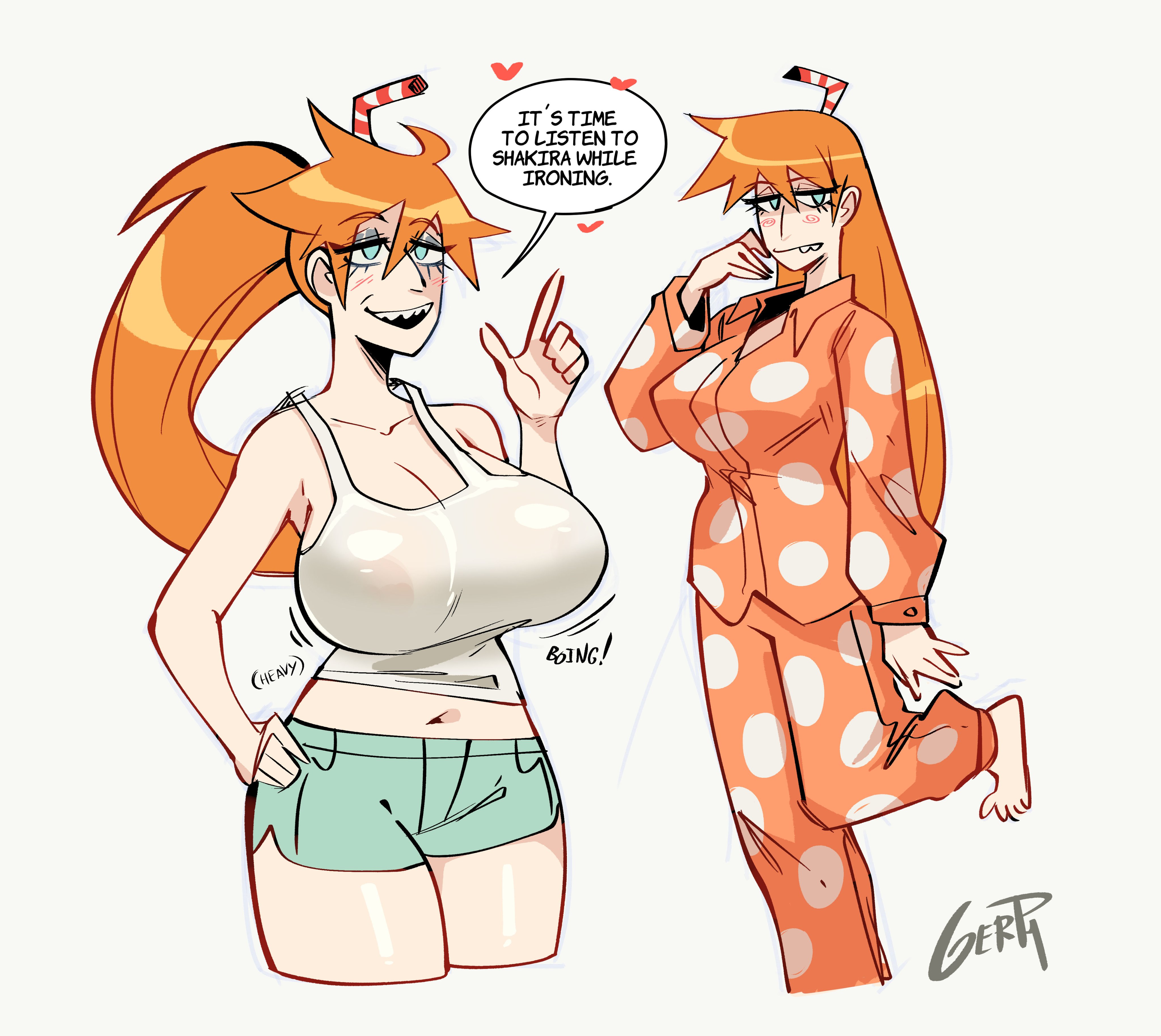 1girls, 2024, absurd res, areolae, areolae visible through clothing, artist name, barefoot, belly button, big breasts, blue eyes, bottomwear, breast jiggle, breasts, busty, cleavage, clothed, clothed female, clothes, clothing, english text, eyelashes, feet, female, front view, fully clothed, gerph, green shorts, hair, heart, hearts around text, hi res, huge breasts, human, jiggle, jiggling breasts, large breasts, legs together, light skin, light-skinned female, long hair, millie (gerph), motion lines, navel, nipples visible through clothing, one foot raised, open mouth, orange hair, original, original character, pajamas, ponytail, raised leg, red hair, see-through, see-through clothing, see-through shirt, see-through top, shorts, signature, simple background, smile, smiling, solo, speech bubble, standing, stomach, talking, tank top, teeth, text, thick thighs, thighs, toes, top heavy, topwear, white background