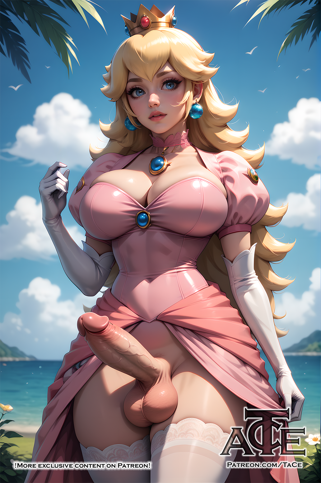 1futa, abs, ai generated, balls, big balls, big breasts, breasts, curvy, dickgirl, erect penis, erection, futa only, futa sans pussy, futanari, huge cock, intersex, looking at viewer, mario (series), nipples, penis, perfect body, princess peach, ready to fuck, small waist, smile, solo, taceee, tan skin, testicles