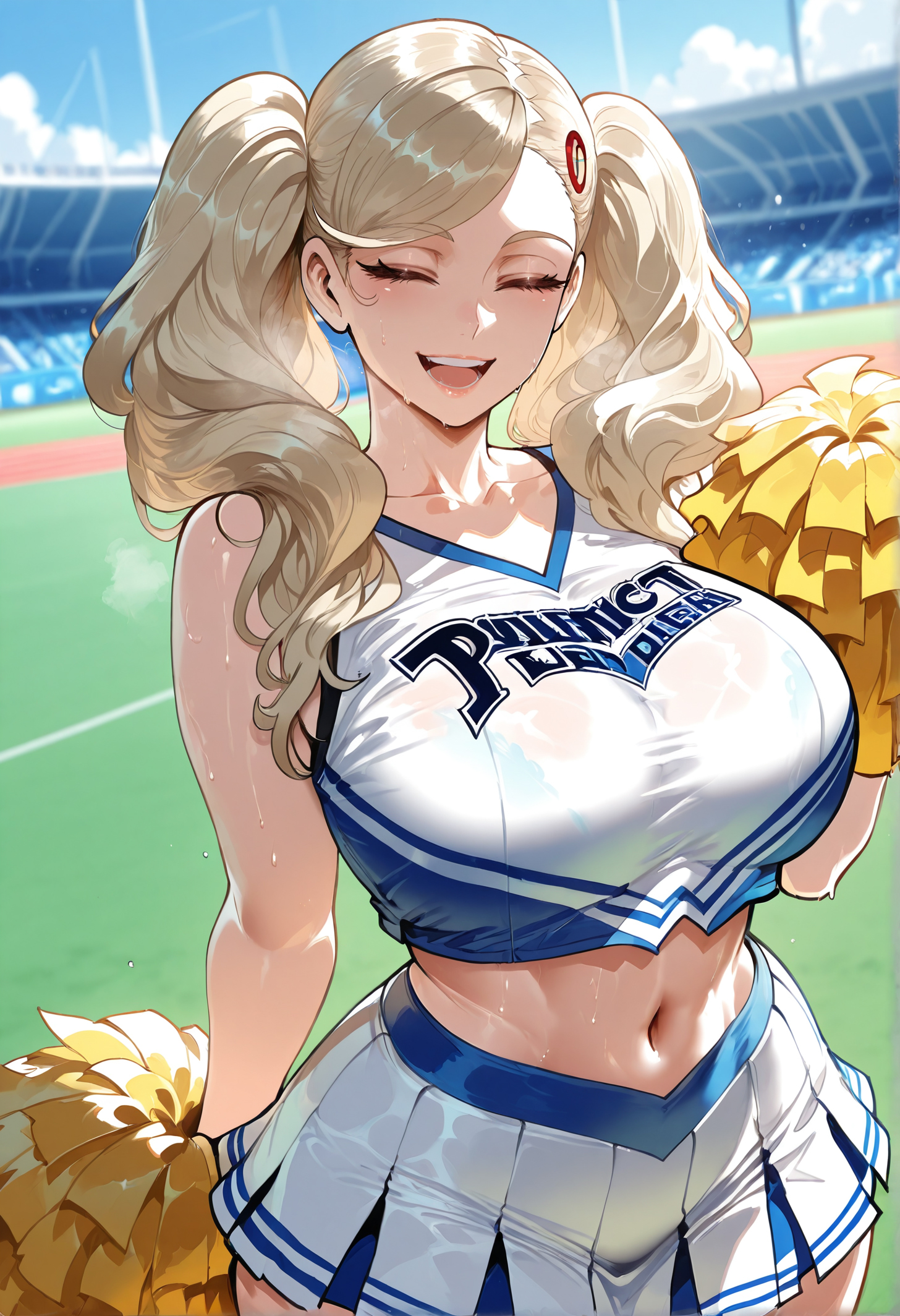 1girls, ai generated, alternate breast size, alternate costume, ann takamaki, bare shoulders, blonde hair, blue sky, blush, breasts, cheerleader, closed eyes, clothes writing, clothing, collarbone, crop top, curvaceous, curvaceous female, curvaceous figure, curvy, curvy figure, day, exhibitionism, female, female focus, female only, hair ornament, hairclip, holding, holding pom poms, huge breasts, large breasts, long hair, midriff, miniskirt, miyuai, navel, open mouth, outdoors, persona, persona 5, pleated skirt, pom pom (cheerleading), see-through, shirt, skirt, sky, sleeveless, sleeveless shirt, smile, solo, sportswear, stadium, stomach, sweat, sweaty clothes, swept bangs, thick thighs, thighs, twintails, underwear, voluptuous, voluptuous female, wet, wet clothes, white skirt