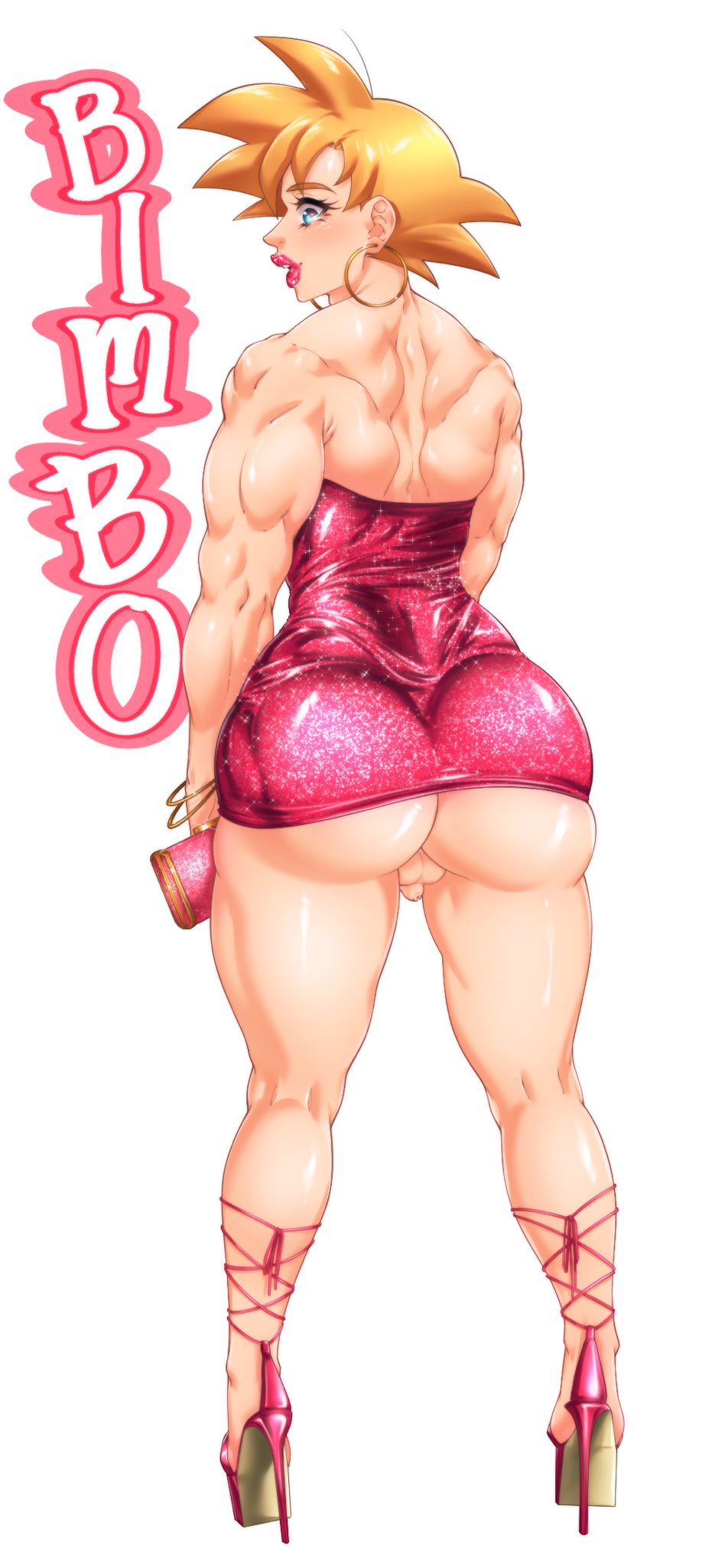 1boy androgynous ass bimbo blonde_hair crossdressing cute_male dat_ass dilf dragon_ball dragon_ball_z dress fat_ass femboy femboy_dilf feminine_male heart-shaped_pupils high_heels hoop_earrings jewelry lipstick makeup male male_only micropenis muscles muscular muscular_femboy muscular_male no_panties platform_heels rear_view sissification sissy small_penis solo son_goku suiren_ciao tagme trap white_background