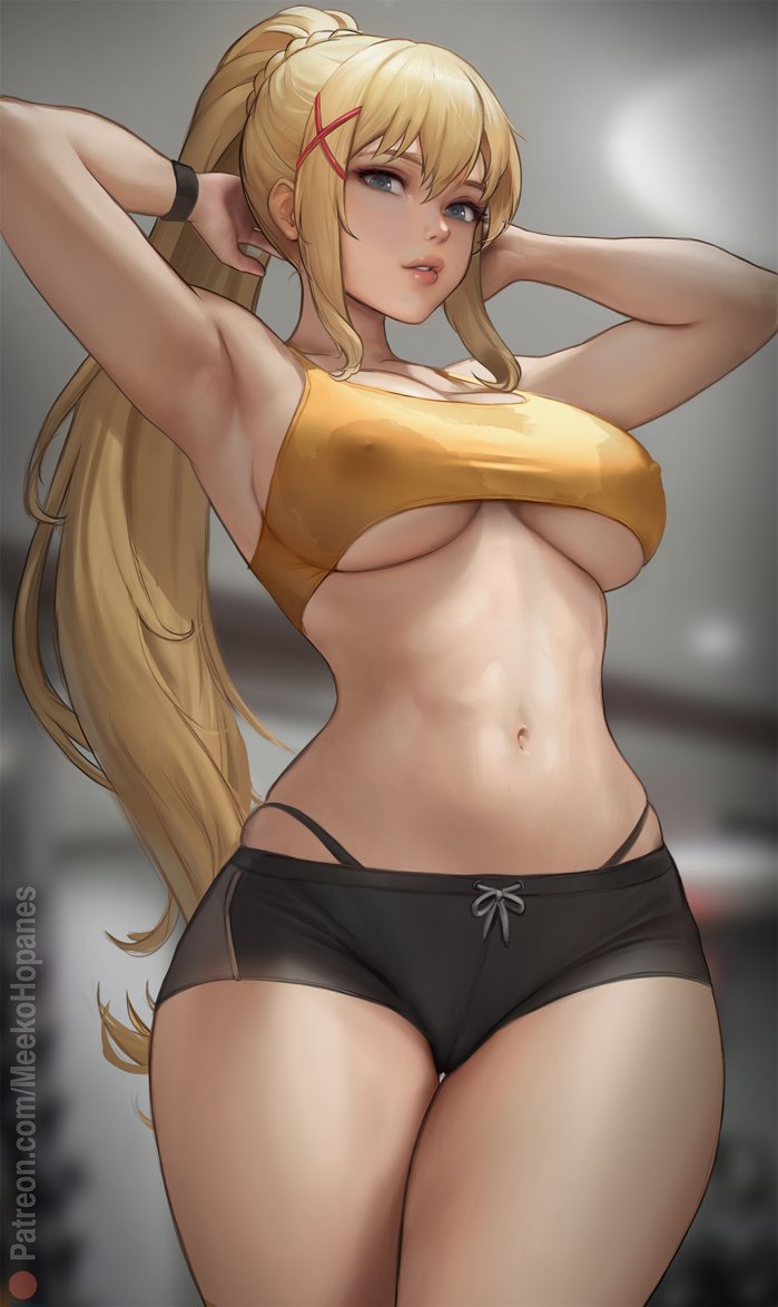 1girls blonde_hair blue_eyes booty_shorts breasts darkness_(konosuba) dolphin_shorts female female_only fully_clothed huge_breasts kono_subarashii_sekai_ni_shukufuku_wo! long_hair meekohopanes midriff nipple_bulge nipples_visible_through_clothing revealing_clothes short_shorts shorts skindentation solo sports_bra sportswear sweat thighs thong thong_straps tight_clothing underboob