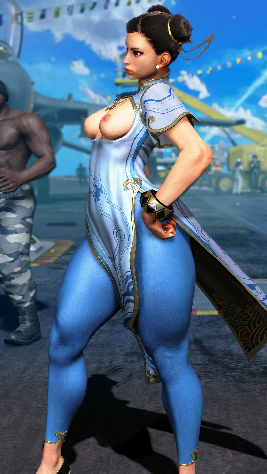 1girls, 3d, 3d (artwork), breasts, chun-li, clothed, female, medium breasts, mod, nipples, sf screenshot, street fighter, street fighter 6, thick thighs, topless
