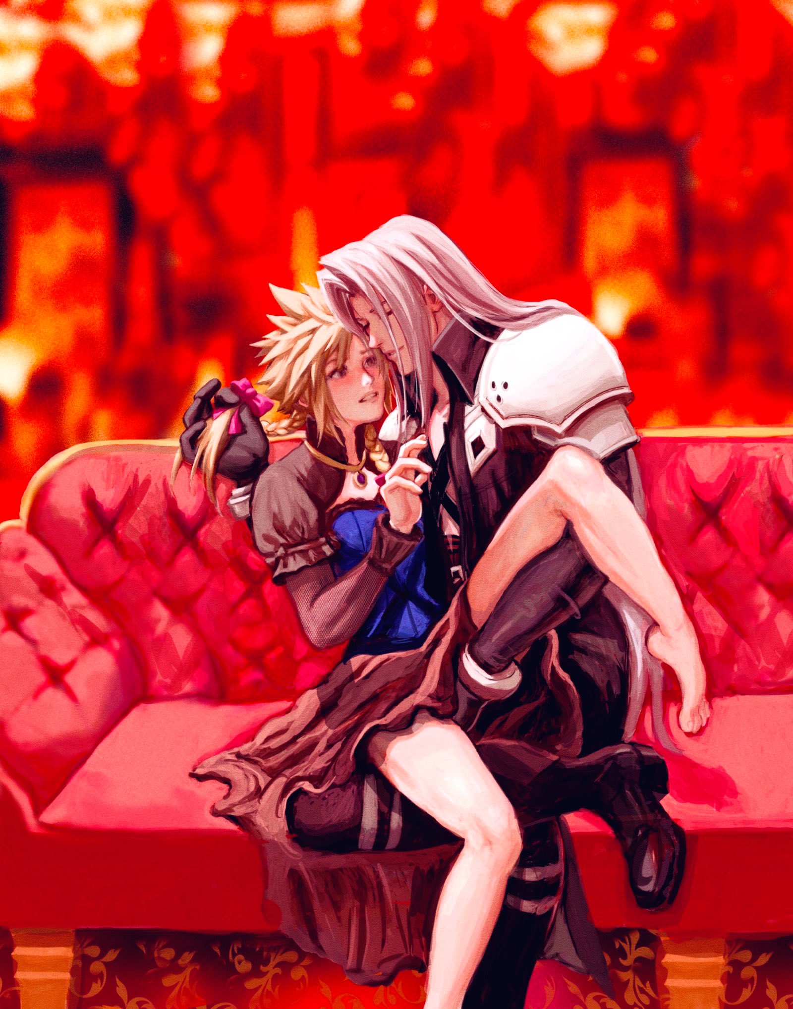 2boys, blonde hair, blush, braid, chocobowings, closed eyes, cloud strife, color, couch, crossdressing, dress, dress lift, femboy, feminine male, final fantasy, final fantasy vii, gay, grabbing, groping, long hair, male, male/male, sephiroth, silver hair, sitting, spiky hair, square enix, tagme, thighs, yaoi