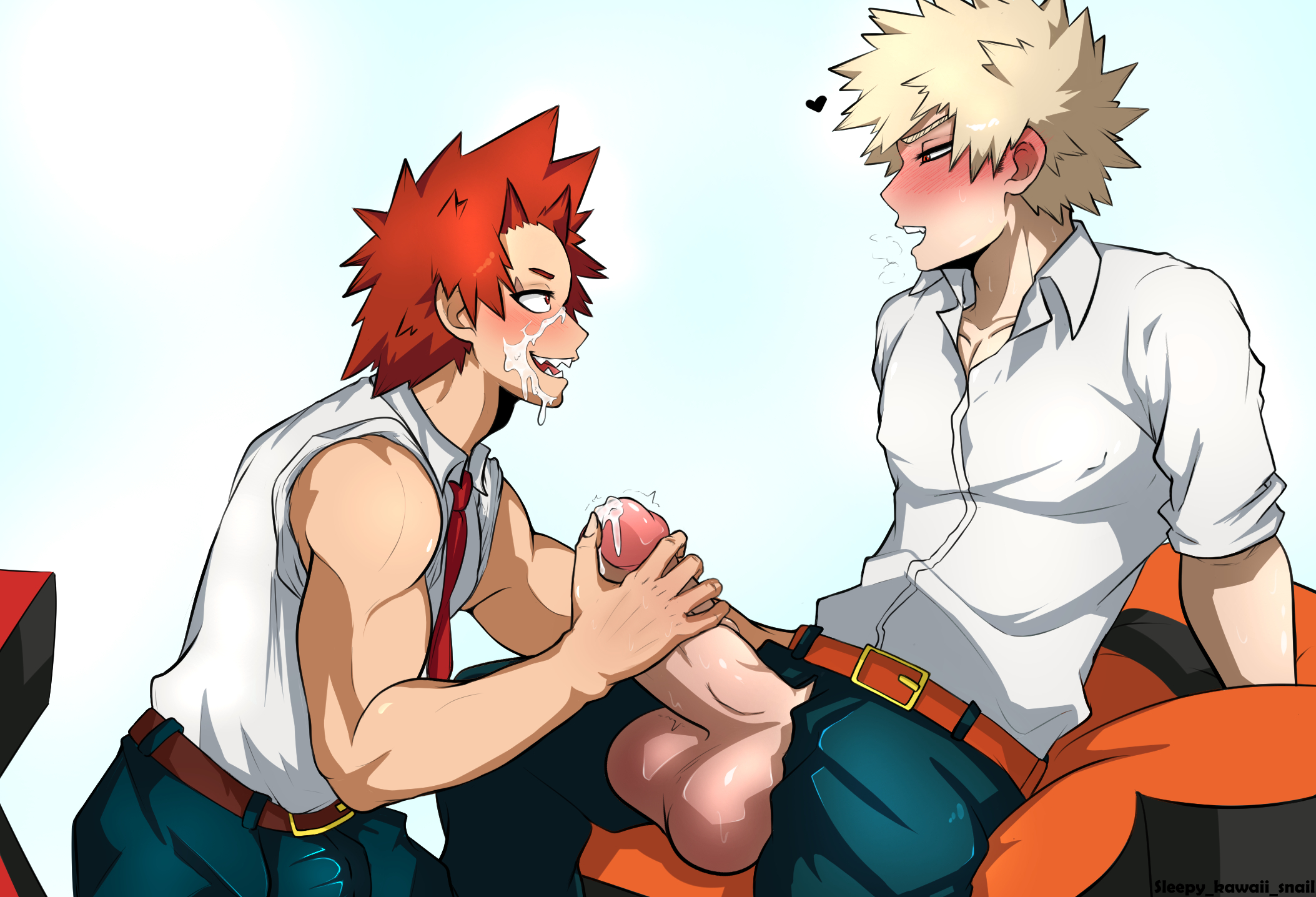 2boys, bakugou katsuki, blonde hair, boku no hero academia, clothing, cum, cum on face, eijirou kirishima, gay, handjob, katsuki bakugou, kirishima eijirou, male, my hero academia, red eyes, red hair, sleepy kawaii snail, yaoi