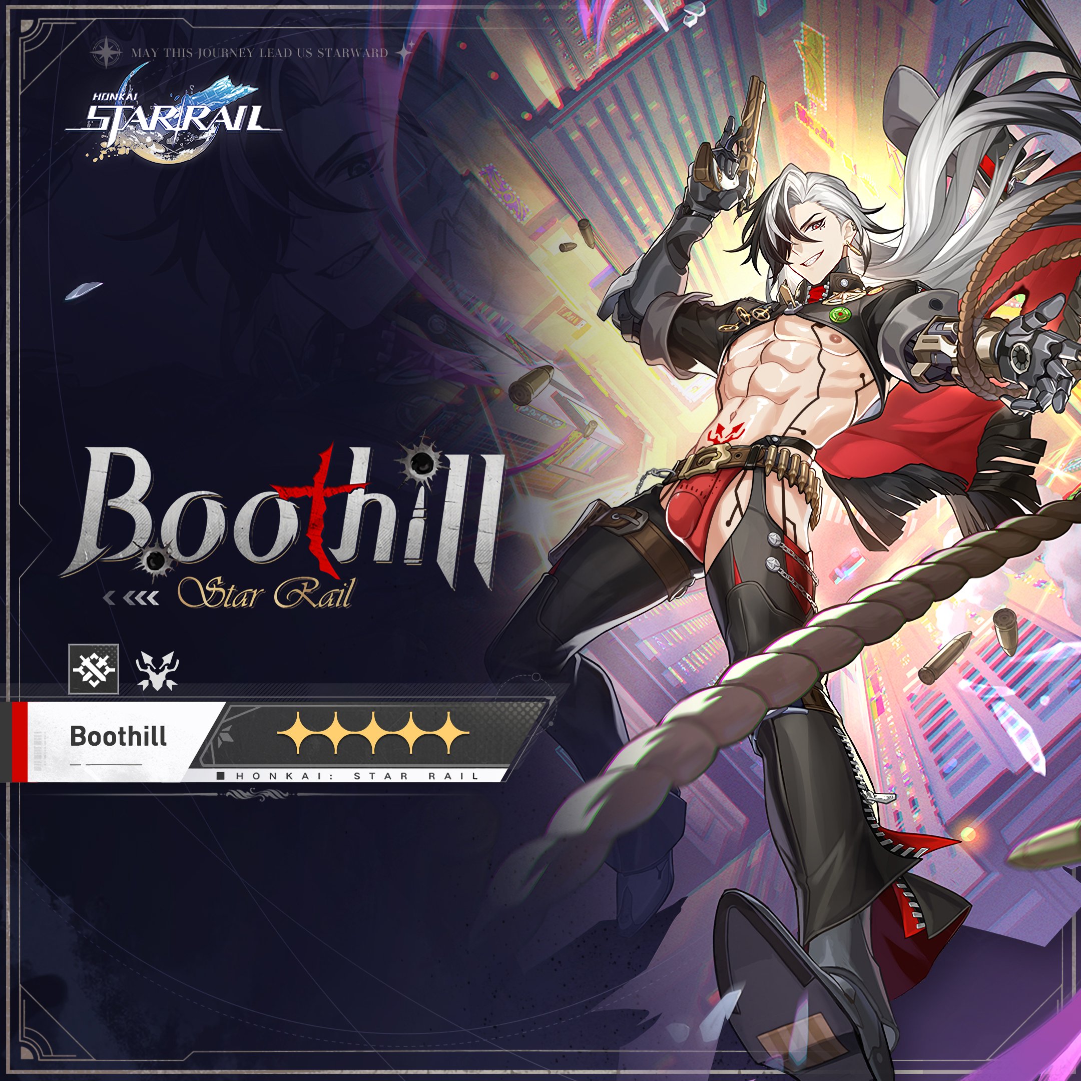 1boy, abs, black hair, boothill (honkai: star rail), bulge, cyborg, edit, edited official artwork, honkai (series), honkai: star rail, long hair, looking at viewer, male, male focus, male only, muscles, nipples, pubic tattoo, robotic arm, scissor w gwen, smirk, solo focus, underwear, white hair, yaoi