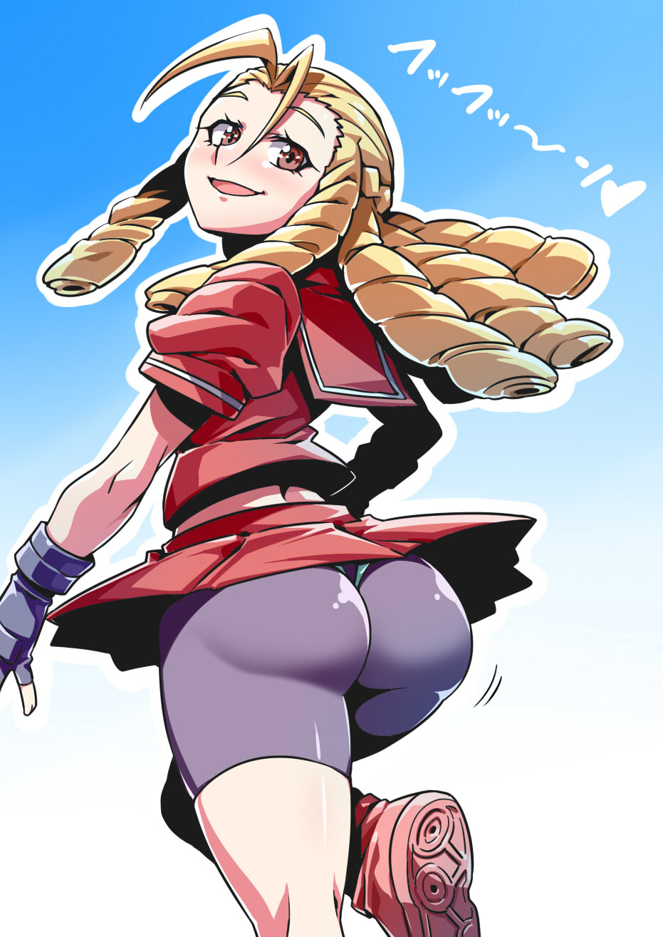 antenna_hair ass_jiggle bike_shorts blonde_hair brown_eyes capcom drill_hair female fingerless_gloves gradient_background hair_slicked_back huge_ass jiggle karin_kanzuki leg_up long_hair looking_at_viewer panties_over_bike_shorts pleated_skirt school_uniform skirt_up sneakers spats street_fighter street_fighter_alpha street_fighter_alpha_3 thick_thighs thong tsuki_wani tsukiwani tukiwani