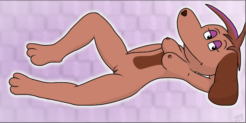 3_toes anthro arm_behind_head barefoot breasts brown_fur brown_hair brown_nose canine closed_mouth color eyeshadow female female_only fur furry furry_breasts furry_ears hair looking_at_viewer looking_left lying nipples nude on_back open_eyes pose pussy side_view solo vulva