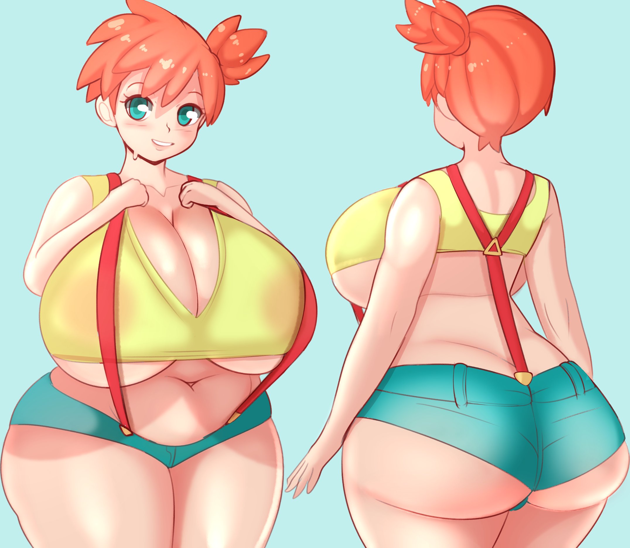 1girls, alternate ass size, alternate body type, alternate breast size, ass, ass hanging out, ass hanging out of shorts, back view, barely clothed, booty shorts, breasts, breasts bigger than head, cleavage, female, female only, fladdykin, front and back, front view, huge ass, human, hyper, hyper breasts, kasumi (pokemon), looking at viewer, midriff, midriff baring shirt, misty (pokemon), multiple views, nintendo, pokemon, pokemon rgby, short shorts, shorts, solo, solo female, thick thighs, underboob, wide hips