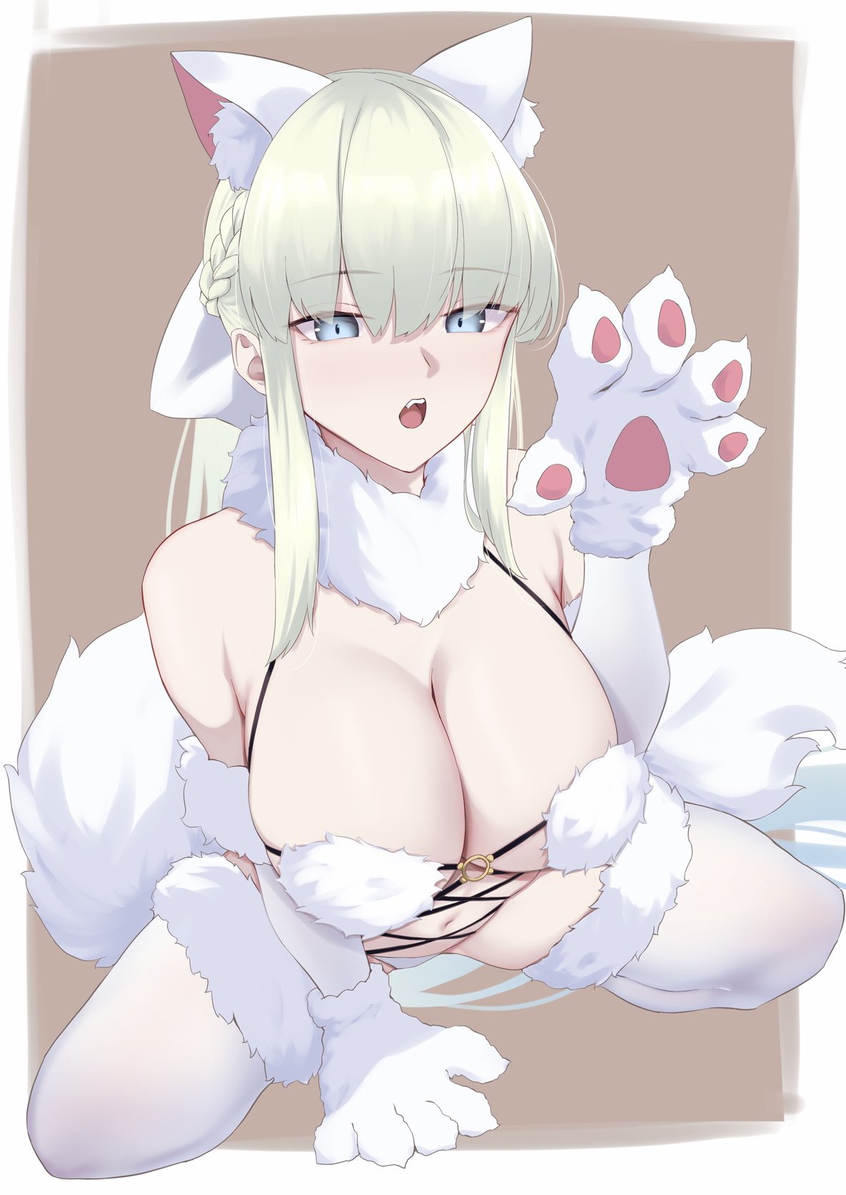 1girls 2024 blue_eyes cleavage fate/grand_order fate_(series) female female_only fur_bikini mash_kyrielight_(dangerous_beast)_(cosplay) morgan_le_fay_(fate) okuma707 paw_gloves tagme thighhighs twitter white_hair wolf_costume