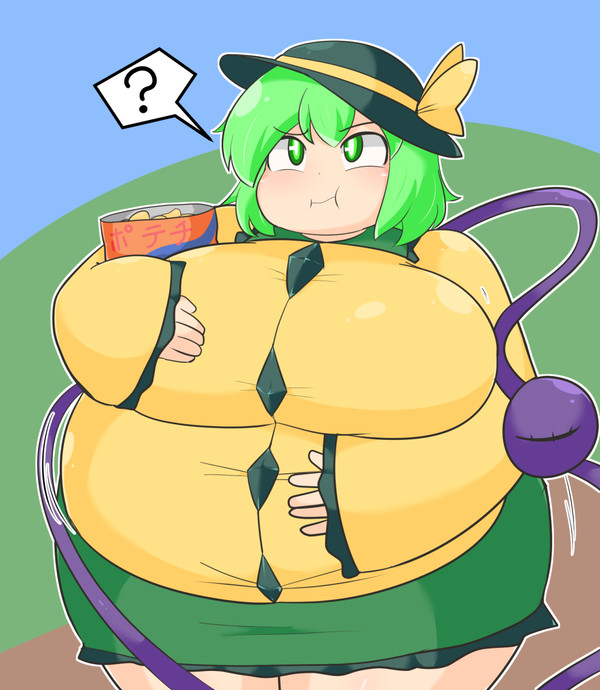 bbw, belly overhang, big belly, big female, blush, chubby, chubby female, embarrassed, fat, fat female, fat fetish, fatty, female, giantess, green hair, koishi komeiji, large female, mini giantess, obese, obese female, overweight, overweight female, plump, pork chop, thick thighs, touhou, tubby, weight gain