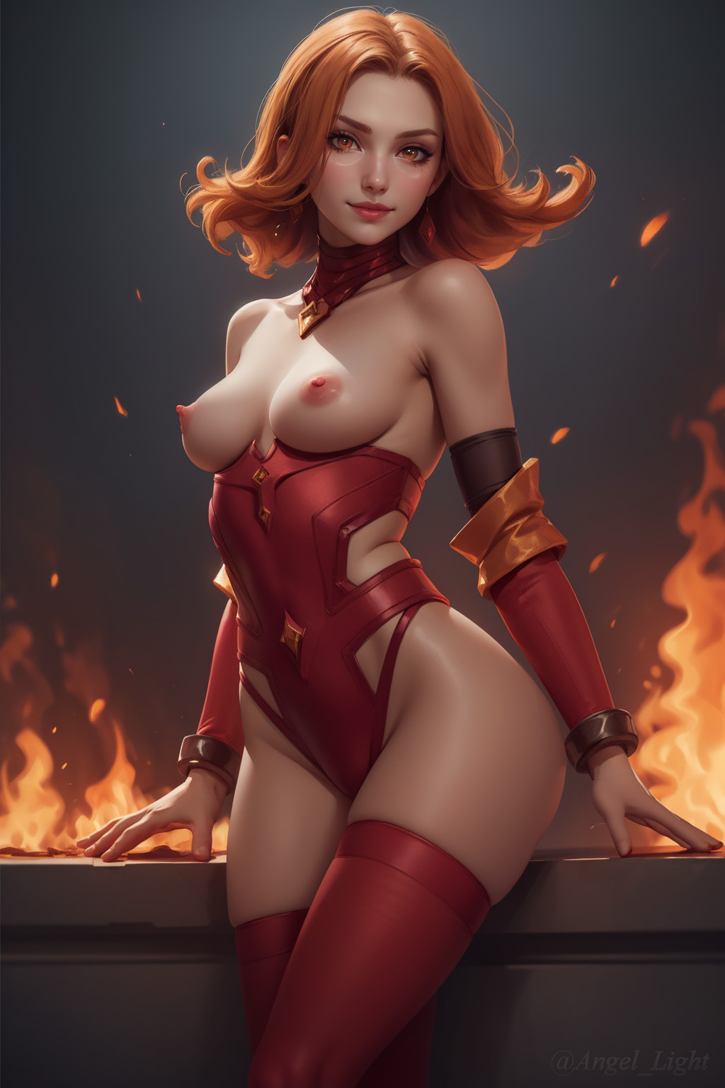 ai_generated angel_light angel_light_(artist) breasts dota_2 fire lina nipples red_hair