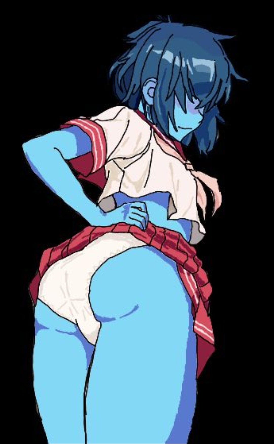 ambiguous gender, ass, astolfo (fate) (cosplay), blue body, blue hair, blue skin, crossdressing, deltarune, from behind, kris (deltarune), panties, skirt, solo, solo focus
