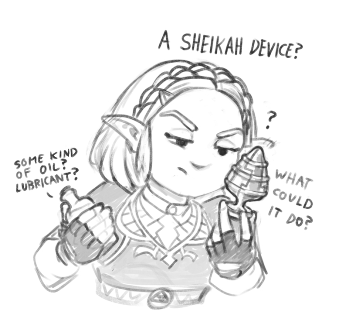 ?, 1girls, black and white, bottle, braid, braided hair, breath of the wild, buttplug, calamari cakes, clothed, comic, female, gift, hair ornament, hairclip, holding object, humor, hylian, hylian ears, innocent, lubricant, medium buttplug, metal buttplug, monochrome, no sex, non-nude, oblivious, pointy ears, princess, princess zelda, question, royalty, sex toy, sfw, short hair, sketch, solo, tears of the kingdom, text, text bubble, the legend of zelda, zelda (tears of the kingdom)