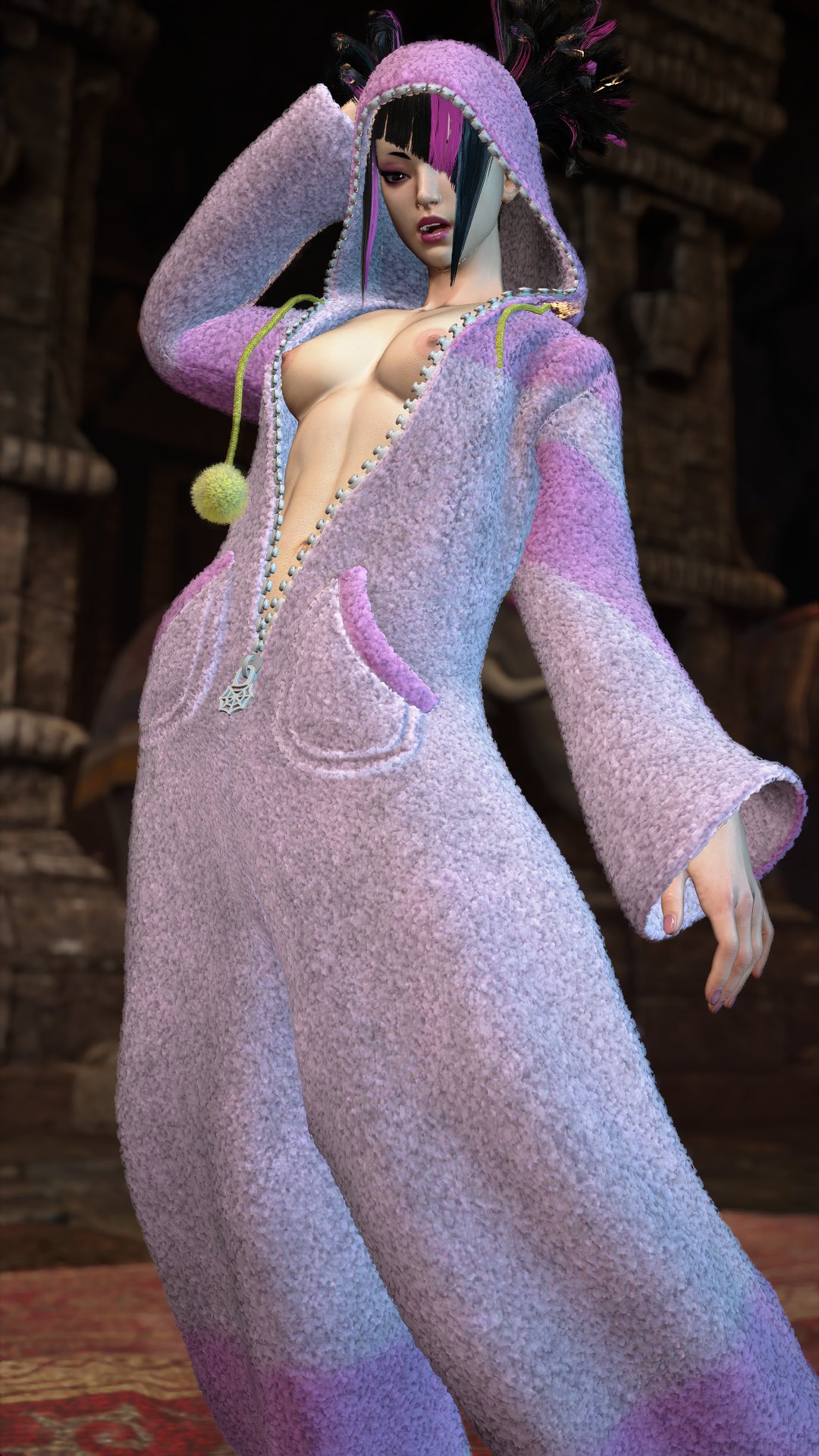 1girls, 3d, 3d (artwork), breasts, female, juri han, medium breasts, mod, nipples, onesie, pajamas, sf screenshot, street fighter, street fighter 6, topless
