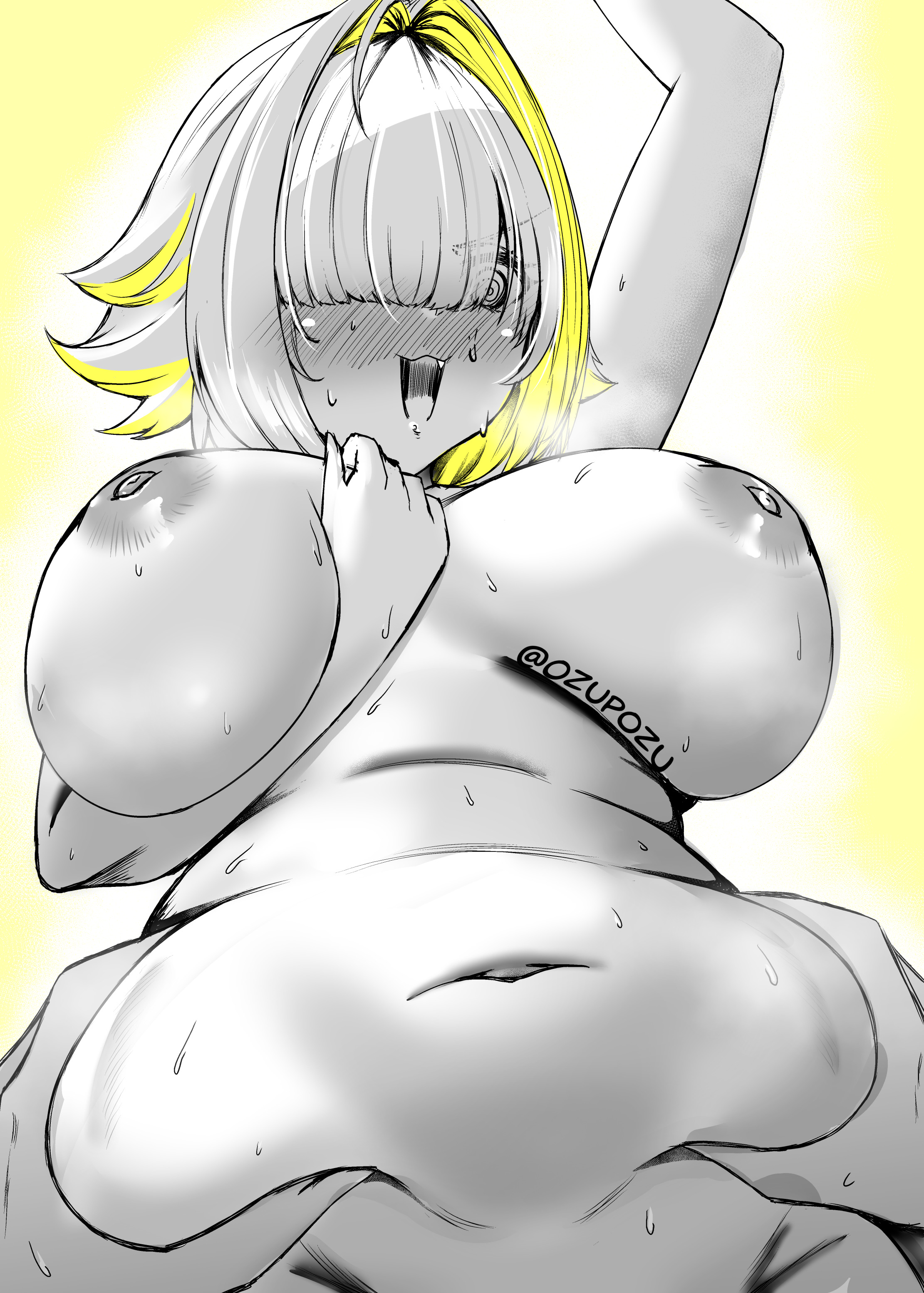 1boy, 1girls, ahoge, belly, belly button, belly grab, blush, breasts, chubby, chubby female, elegg (nikke), female, goddess of victory: nikke, hair over eyes, large breasts, male, monochrome, nude, nude female, oerba yun fang, open mouth, ozumichi, plump, pov, pov hands, stomach, sweat, swirly eyes