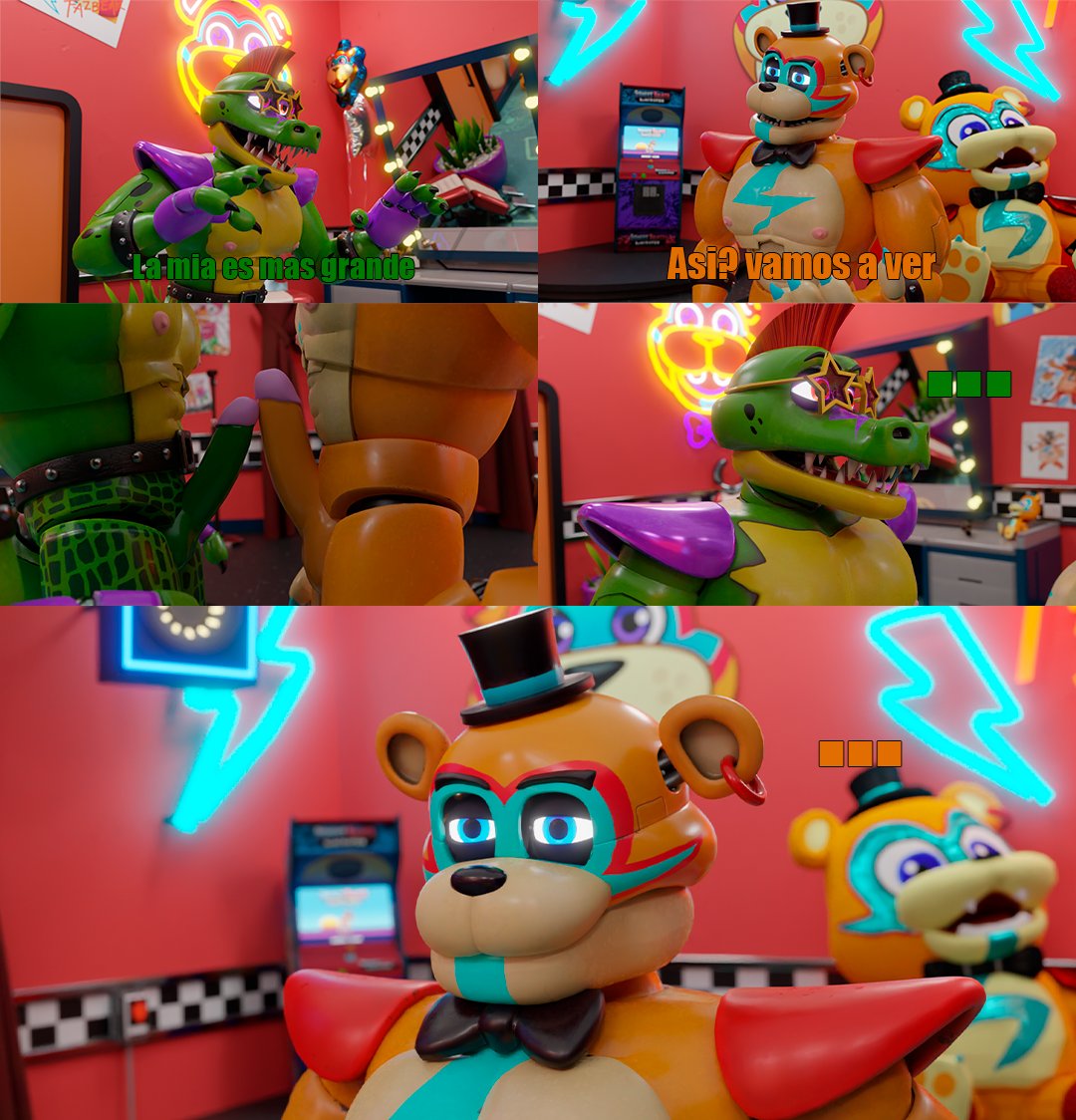 3d alligator alligator_tail alligatorid alligatorid_humanoid animatronic annoyed_expression anthro background bear biceps blue_eyes blue_nails body_markings bowtie comic comparing comparing_penis comparing_sizes crocodile crocodile_tail crocodilian crocodylid disbelief donsombras facial_markings five_nights_at_freddy's five_nights_at_freddy's:_security_breach fnaf glamrock_freddy_(fnaf) green_body lighting_bolt machine male male_focus male_only mohawk mohawk_(hairstyle) montgomery_gator_(fnaf) muscular muscular_anthro muscular_arms muscular_male muscular_thighs non-human non_human non_mammalian_nipples orange_body pink_glans red_hair reptile reptile_humanoid robot robot_humanoid scottgames simple_background size_comparison size_difference spanish_dialogue spanish_text spiked_bracelet spotted_body steel_wool_studios tail tail_markings tan_body tattoo top_hat two_tone_body ursid ursid_humanoid ursine