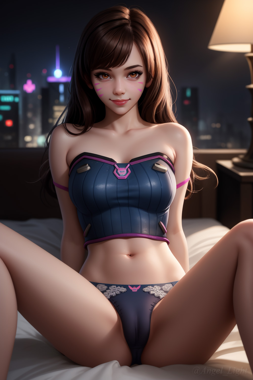 ai generated, angel light, angel light (artist), brown eyes, brown hair, cameltoe, d.va, female, overwatch, panties, pussy, spread legs, underwear