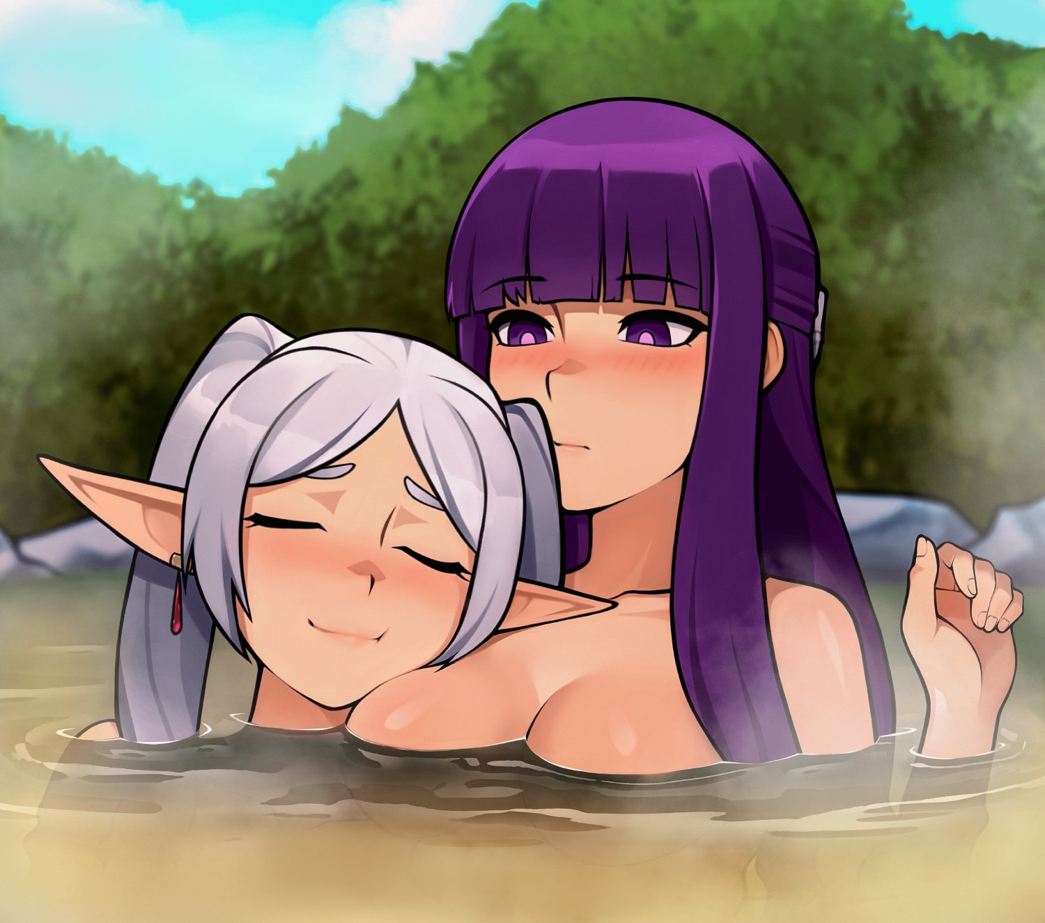 2girls, blunt bangs, blush, breasts, closed mouth, earrings, facing viewer, female, female only, fern (sousou no frieren), frieren, hand up, highres, hot spring, jewelry, large breasts, long hair, loodncrood, multiple females, multiple girls, onsen, parted bangs, pointy ears, purple eyes, purple hair, shiny skin, smile, sousou no frieren, twintails, water, white hair, wholesome, yuri