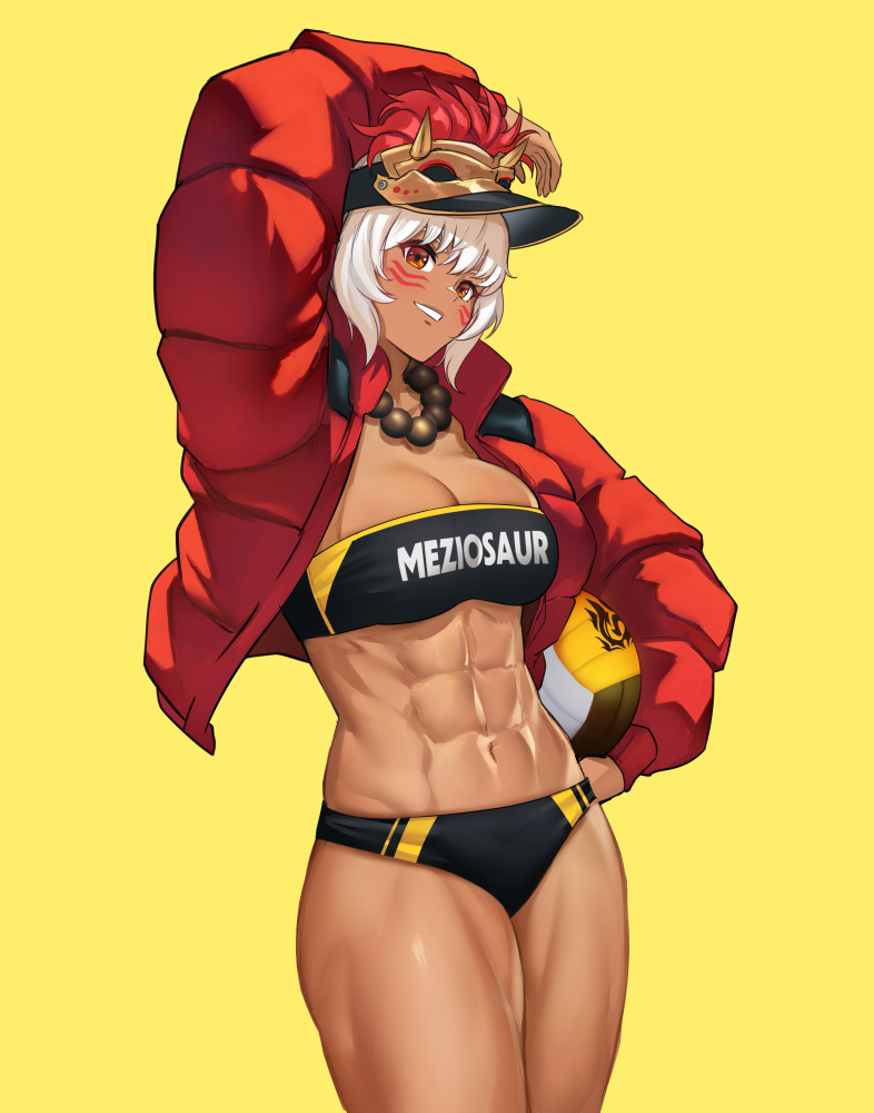 1girls abs alternate_costume arm_up ball bandeau bead_necklace beads breasts cleavage clothes_writing commentary cowboy_shot dark_skin facial_mark female female female_only fire_emblem fire_emblem_fates grin head_tilt holding holding_ball jacket jewelry large_breasts meziosaur midriff navel necklace nintendo open_clothes open_jacket orange_eyes red_jacket rinkah_(fire_emblem) short_hair simple_background smile solo standing stomach strapless thighs tube_top visor_cap volleyball whisker_markings white_hair yellow_background