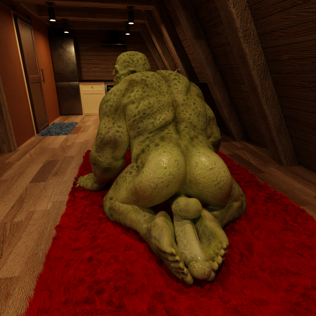 ass autlizard carpet feet feet_on_penis foot_fetish green_body green_skin humanoid inside lying male male_only nude on_ground orc orc_male slightly_chubby solo throh'gar_glutesplitter