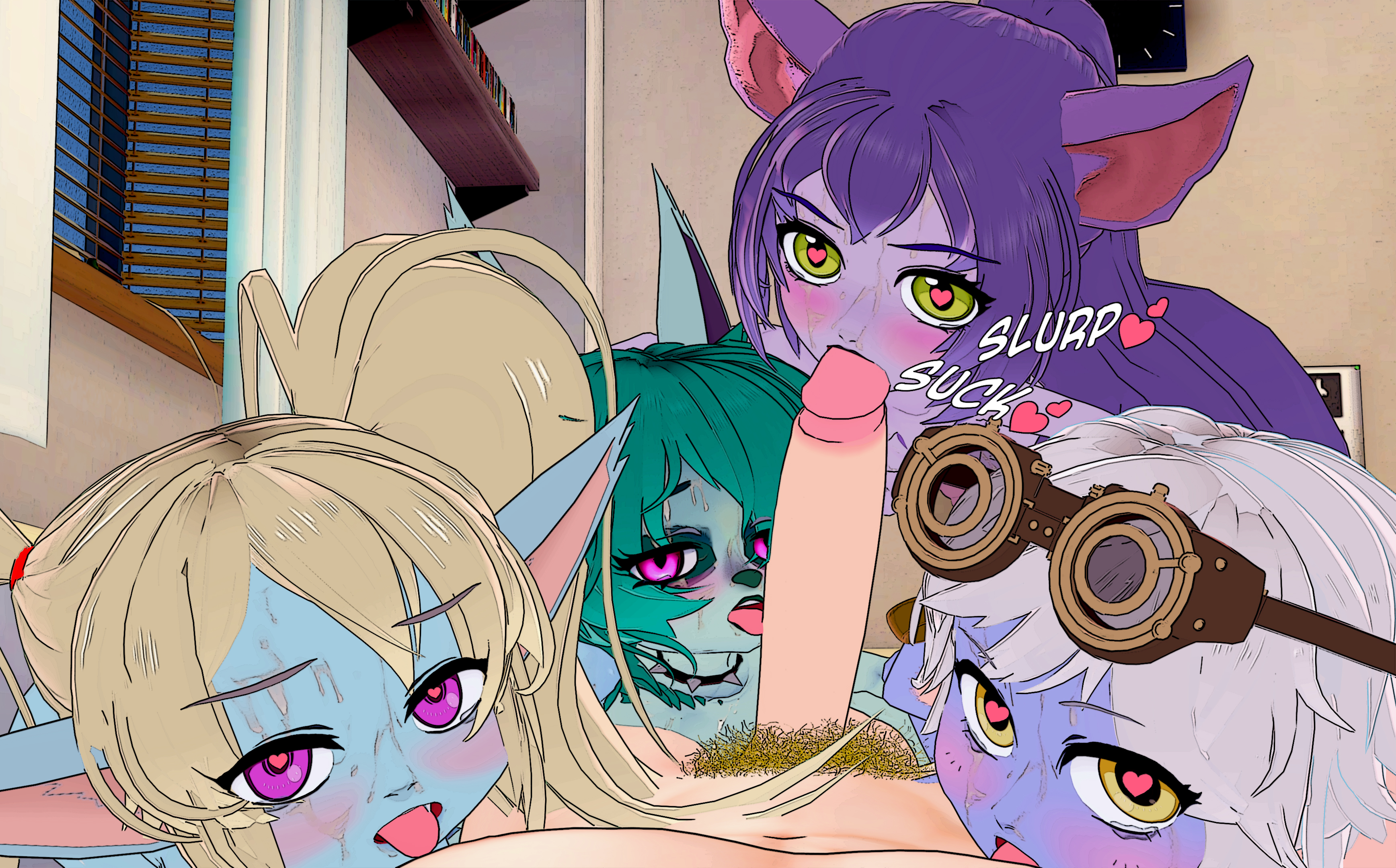 1boy, 3d, 4girls, blonde hair, blowjob, blue body, blue skin, blush, fatallyobsessed, fellatio, female, goggles, goggles on head, green eyes, green hair, green skin, heart-shaped pupils, human, human on humanoid, humanoid, league of legends, licking nipples, licking penis, lulu the fae sorceress, male, multiple females, multiple girls, onomatopoeia, oral, penis, poppy, pubic hair, purple body, purple eyes, purple hair, purple skin, silver hair, sweat, tristana, vex (league of legends), yellow eyes, yordle, yordle on human