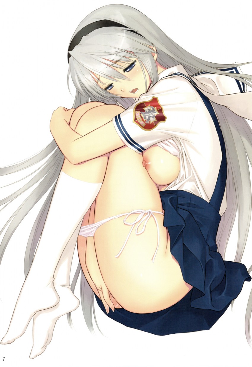 1girls blue_eyes blush bra bra_lift breast_press breasts clannad clothed_masturbation clothing feet female female_only fetal_position fingering highres large_breasts long_hair masturbation nipple nipples open_clothes open_mouth panties panty_down panty_pull pussy_juice sakagami_tomoyo school_uniform side-tie_panties sideboob silver_hair simple_background sitting skirt socks solo taka_tony teeth thighs tongue underwear white_panties