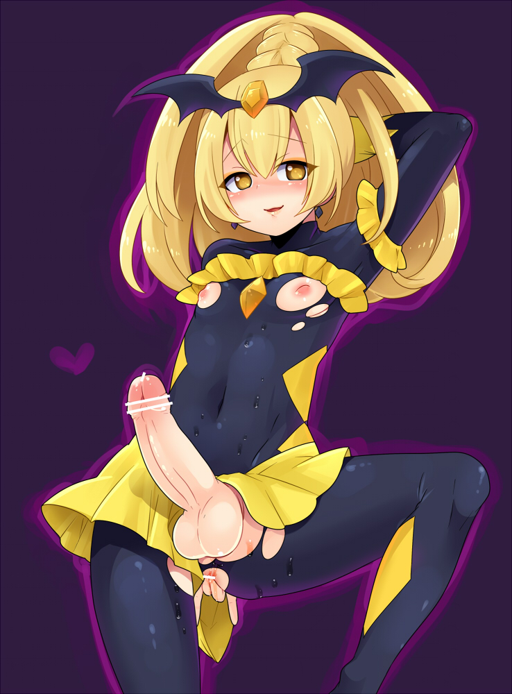 1futa anal_fingering androgynous areola bad_end_peace bad_end_precure blonde_hair censored clothed_navel clothing fingering flat_chest futa_only futanari long_hair mogiki_hayami nipples penis penis_under_skirt precure pretty_cure smile_precure! smile_pretty_cure solo torn_clothes yellow_eyes yellow_hair