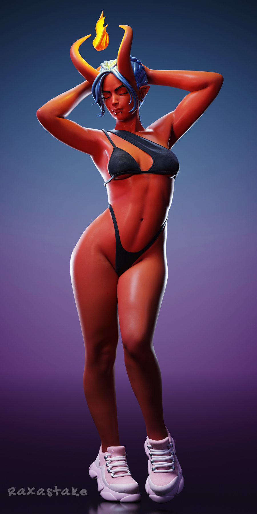 3d 3d_(artwork) bikini bikini_top black_bikini black_panties blue_hair closed_eyes demon demon_girl elf_ears female female_only flame hands_behind_head high_waisted_thong horns oni piercing pointy_ears raxastake red_skin shoes simple_background snakebite_piercing tagme