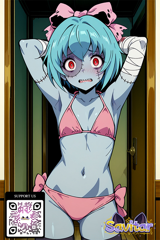 ai_generated armpits arms_behind_head arms_up artist_name bandages bikini black_thighhighs blue_hair blue_skin blush bow breasts clothing colored_skin cowboy_shot door female female grey_skin hair_ornament hairbow indoors littlehentai loli looking_at_viewer navel open_mouth patchwork_skin pink_bikini pink_bow pink_eyes red_eyes ribbon savitar savitar_(artist) sharp_teeth short_hair side-tie_bikini_bottom small_breasts solo standing stitches swimsuit teeth thighhighs watermark web_address zombie