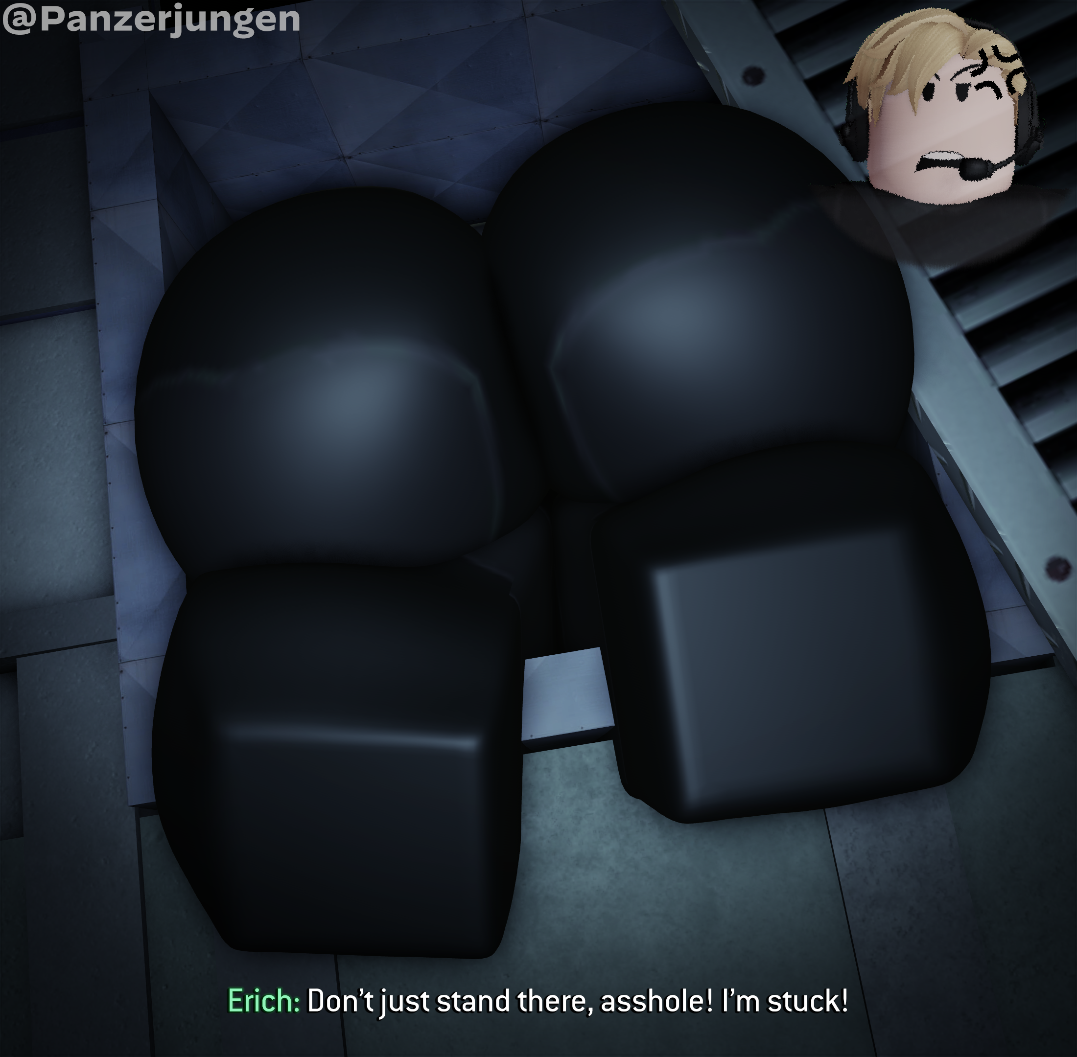 1boy, 2025, 3d, anger vein, angry, ass, ass focus, big ass, big butt, blonde hair, blurry background, bodysuit, bottom heavy, bubble ass, bubble butt, clothed, curvaceous, curvy, dialogue, english text, erich kraus, femboy, feminine male, gay, german male, girly, gloves, headset, huge ass, hyper ass, inside, male, male only, massive ass, massive butt, military, military uniform, nightclub, original character, panzerjungen, roblox, robloxian, solo, stealth, stuck, stuck in vent, thick, thick ass, thick thighs, thighs, twitter username, vent, voluptuous