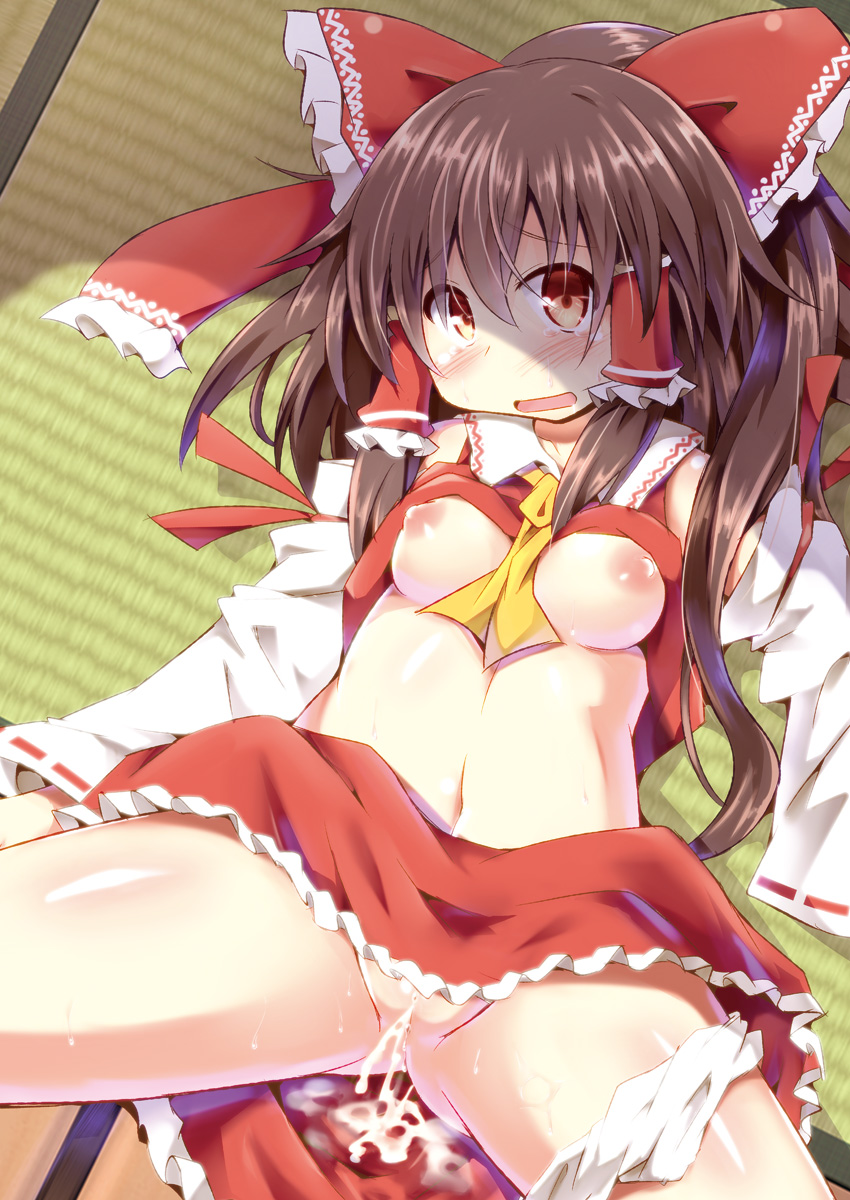 cum cum_drip female female_only human koizumi_hitsuji reimu_hakurei solo spread_legs sweat touhou