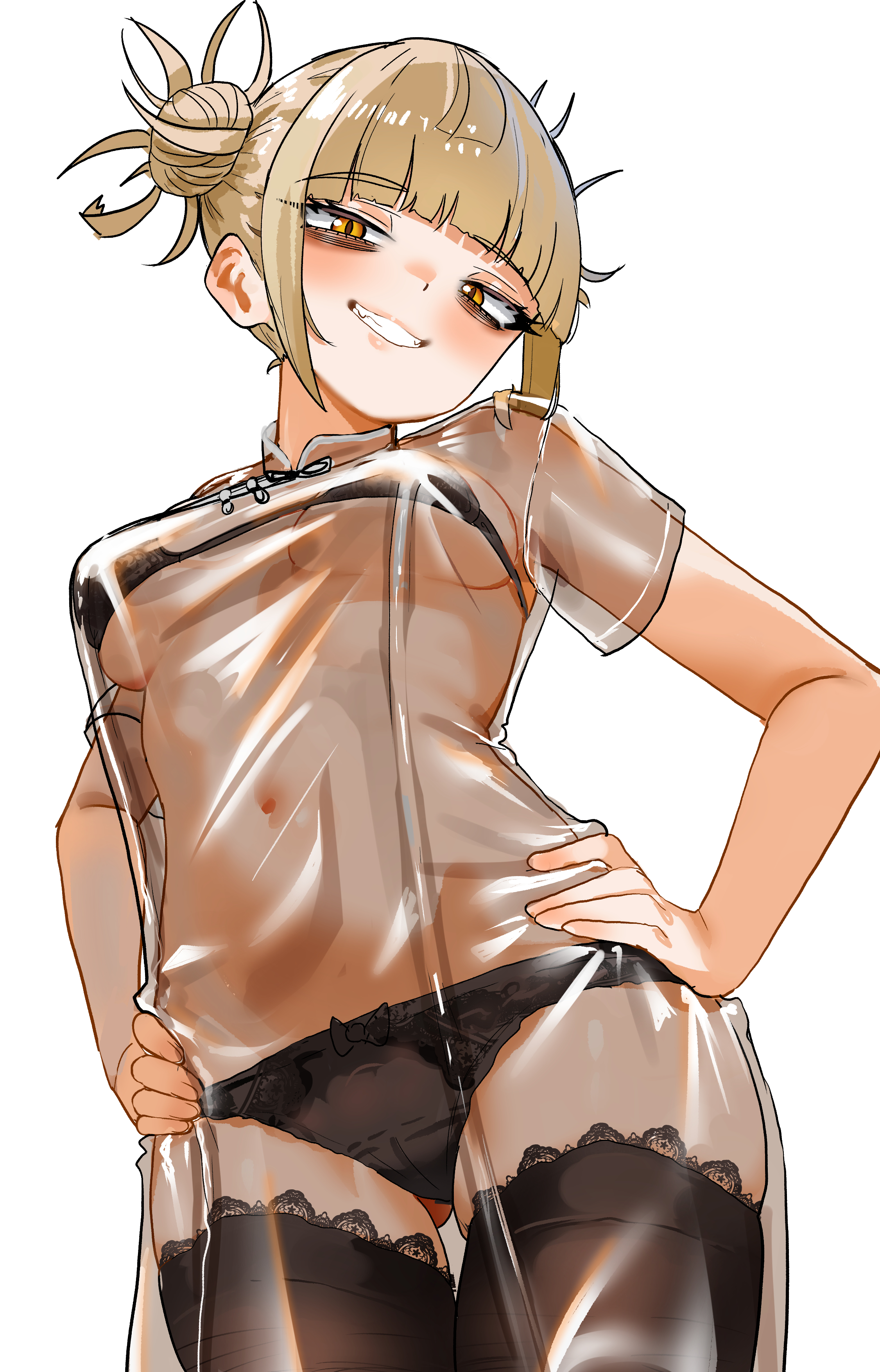 1girls, blonde hair, blonde-haired female, bra, female, female only, hands on hips, himiko toga, lingerie, looking at viewer, looking down at viewer, my hero academia, panties, see-through, see-through clothing, see-through dress, smile, solo, solo female, tagme, transparent clothing, visible underwear, yellow eyes, zd (pixiv6210083)