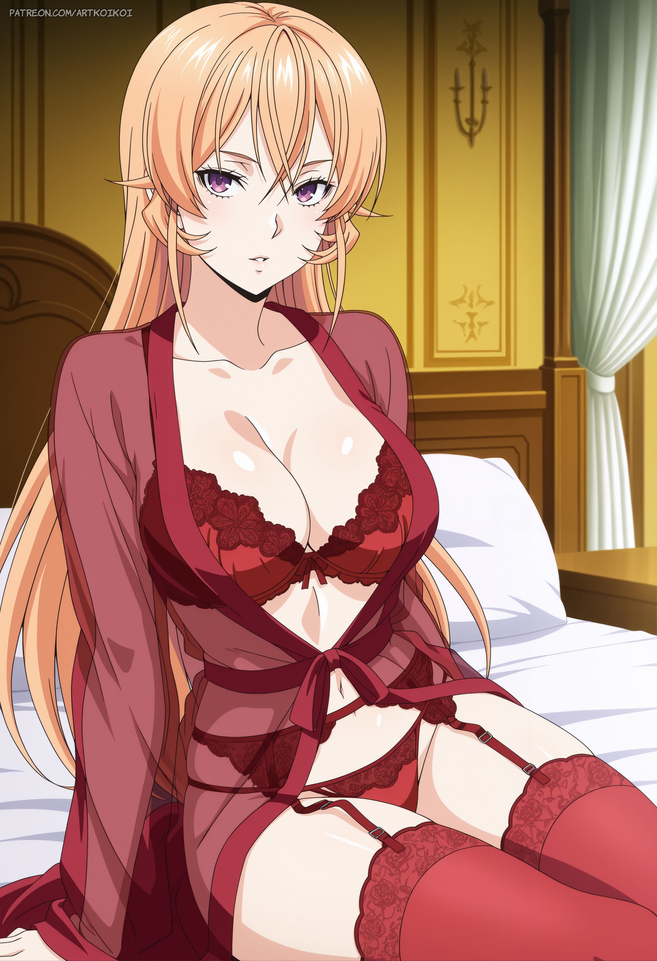ai generated, artkoikoi, asian, asian female, bedroom, big breasts, blonde hair, bra, breasts, cleavage, female, garter belt, garter straps, highres, hourglass figure, lace-trimmed thighhighs, lingerie, lingerie only, long hair, nakiri erina, panties, patreon, patreon username, purple eyes, red lingerie, red underwear, robe, see-through, see-through clothing, see-through robe, shokugeki no souma, sitting, sitting on bed, stockings, thighs