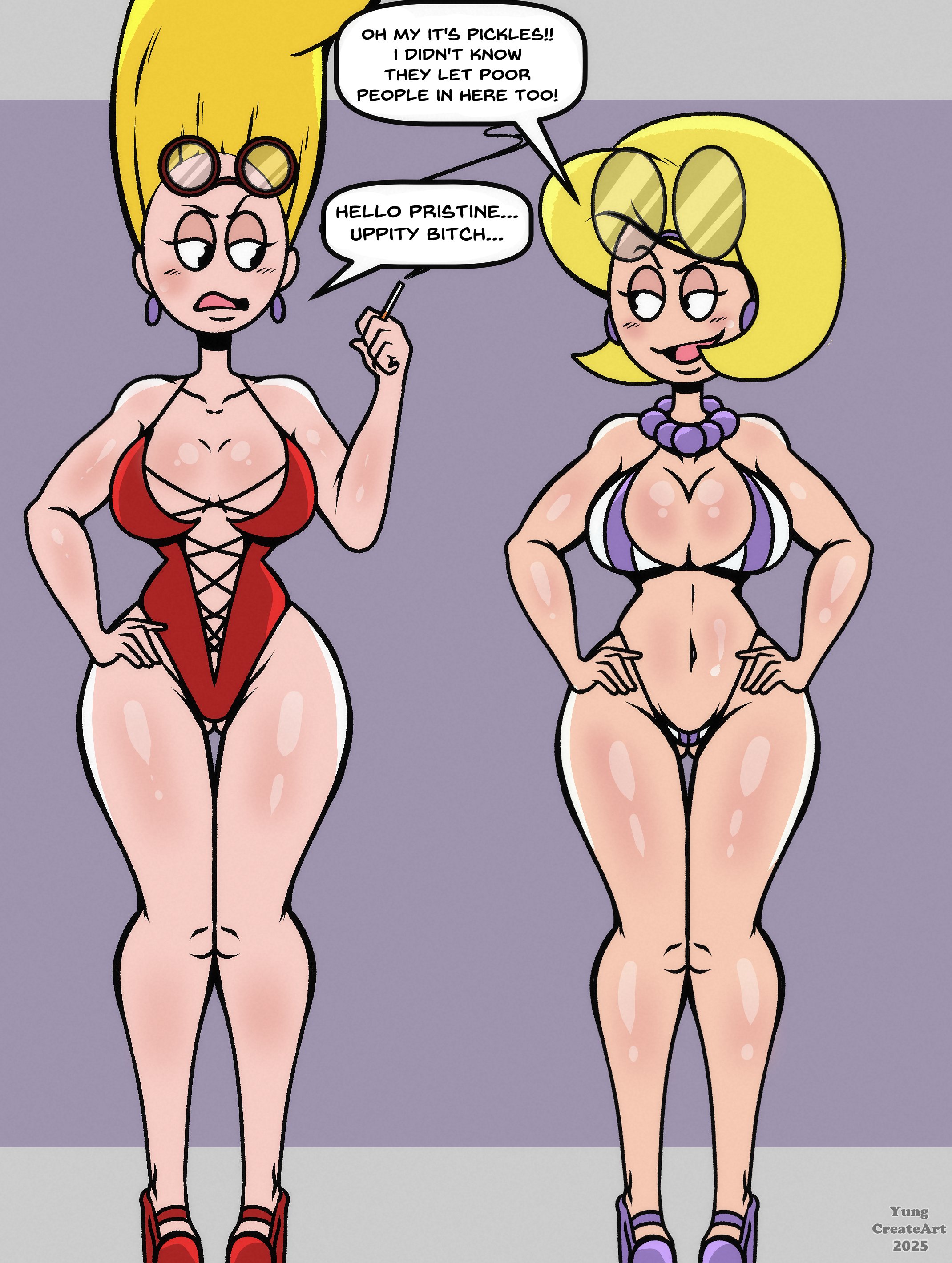 2girls, alternate version available, beehive (hairstyle), beehive hair, beehive hairdo, big breasts, bikini, bouffant, bouffant hair, bouffant hairdo, breasts, bubble flip hairstyle, cigarette, dialogue, english text, female, female focus, female only, glasses, hands on hips, high heels, light skin, light-skinned female, mature, mature female, milf, mother, pickles oblong, pristine klimer, speech bubble, stepford wife, swimsuit, tall hair, teased hair, the oblongs, updo, wide hips, yungcreateart