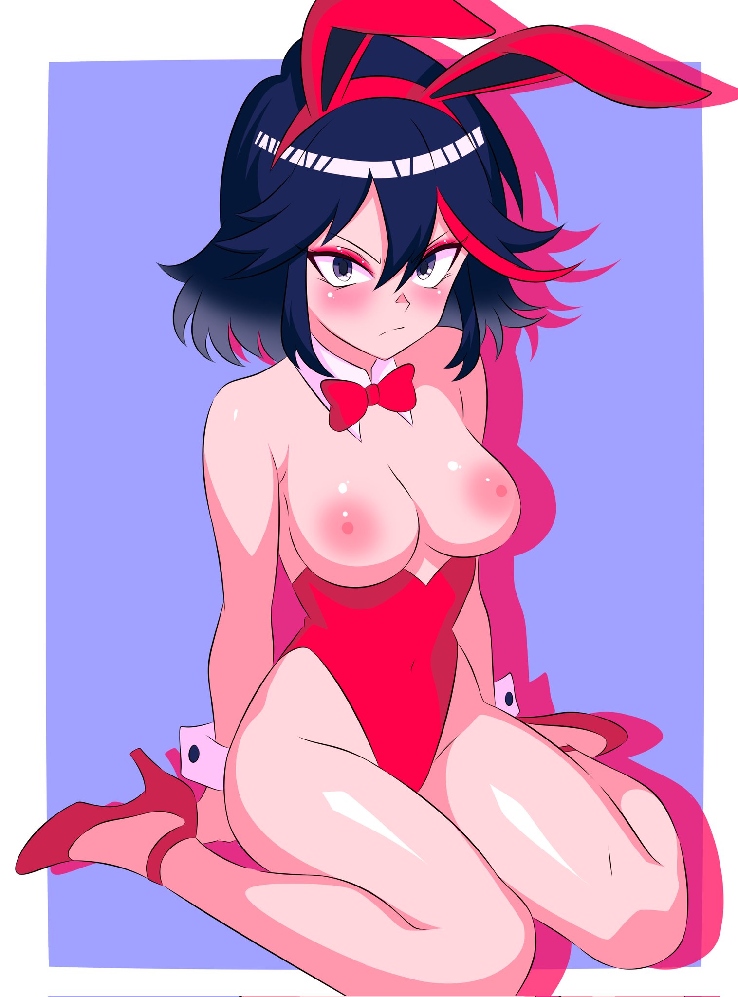 1girls, areolae, b1iz4rd, black hair, black-haired female, breasts, breasts out, bunnysuit, female, female only, kill la kill, matoi ryuuko, nipples, short hair