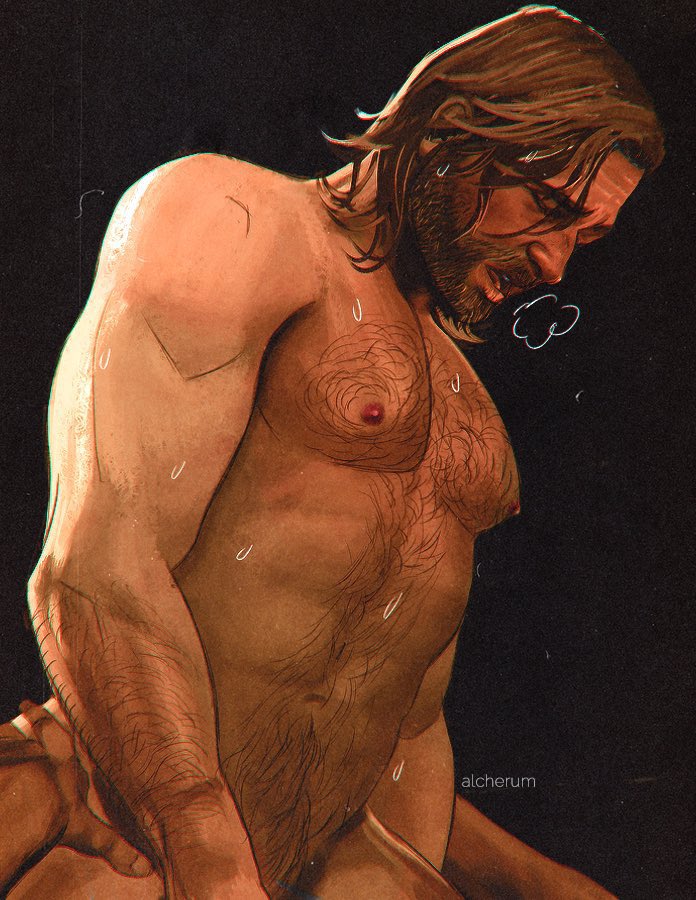 2boys, abs, arthur morgan, beard, body hair, breasts, chest hair, color, darkalcherum, dominant male, facial hair, fit, fit male, gay, gay sex, hairy pecs, hands on hips, happy trail, human only, implied penetration, implied sex, male, male only, muscular, muscular chest, muscular male, naked, naked male, no visible genitalia, nude, nude male, offscreen character, offscreen male, panting, pecs, red dead redemption (series), red dead redemption 2, riding, source request, submissive male, sweating, yaoi