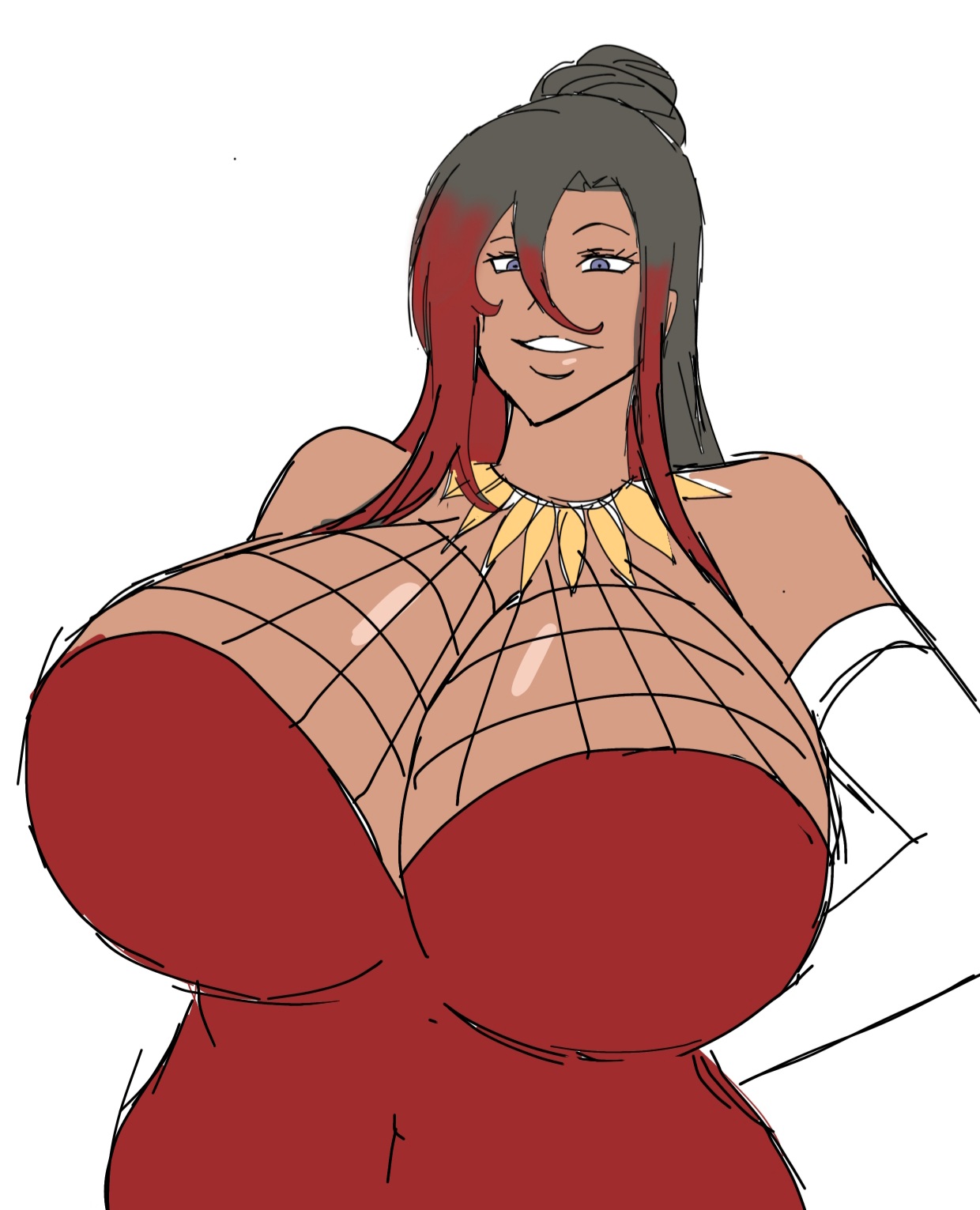 1girls, 2d, 2d (artwork), armwear, bare shoulders, black hair, breasts, breasts bigger than head, chimera, chimera humanoid, clothed female, clothing, curvy, curvy female, curvy figure, digital drawing (artwork), digital media (artwork), female, female only, hips, kono subarashii sekai ni shukufuku wo!, konosuba, large breasts, momiji (artist), necklace, red clothing, red dress, solo, sylvia (konosuba), tan body, two-tone hair, white background
