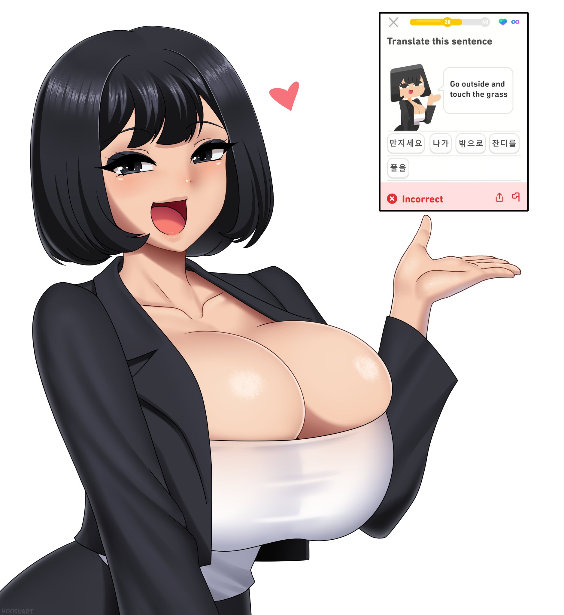 asian, asian female, big breasts, breasts, duolingo, female, hoosu, korean, korean female, large breasts, mocking, reference image, smile, the glass girl, the glass girl (duolingo), the glass girl (original character), thight clothing
