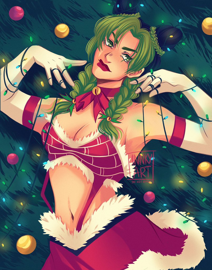 armpits, belly button, christmas, christmas lights, christmas tree, cleavage, female, female only, green hair, hair bun, innkyart, jojo's bizarre adventure, jolyne kujo, looking at viewer, navel, skirt, solo, solo female, stone ocean