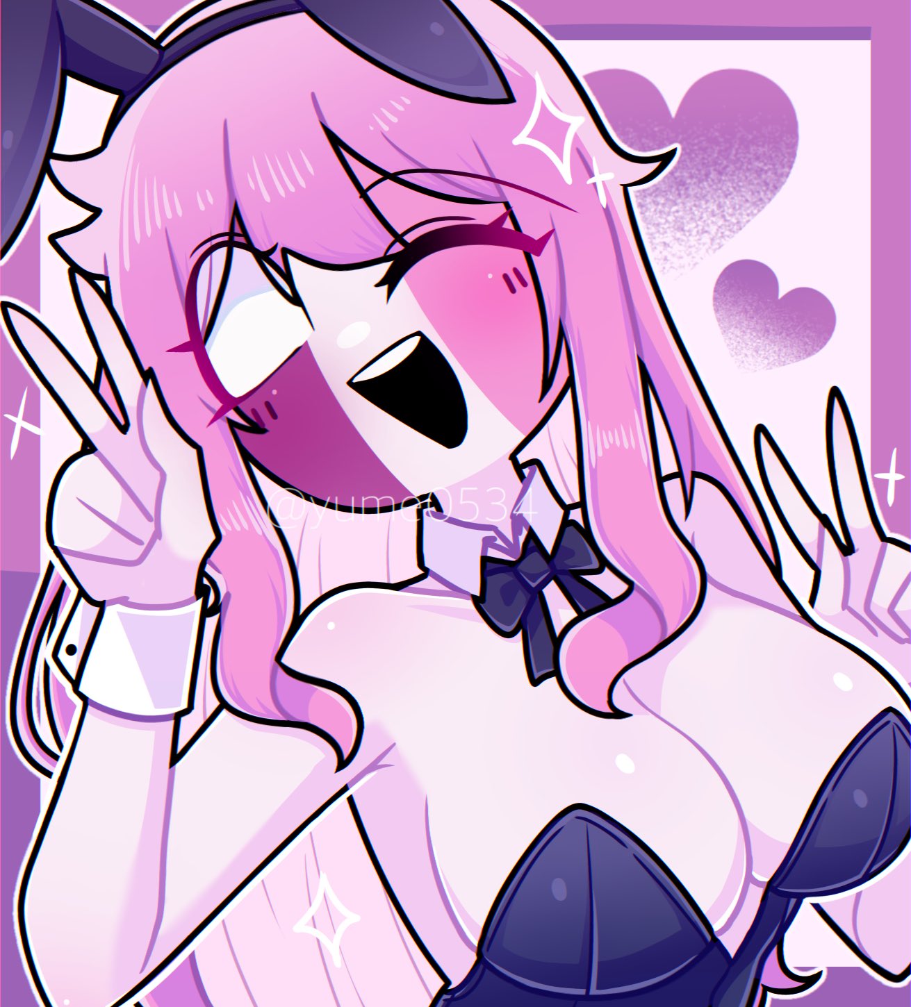 big_breasts bunny_ears bunny_girl bunny_tail bunnysuit friday_night_funkin friday_night_funkin_mod heart huge_breasts long_hair pink_hair pink_skin sarvente_(dokki.doodlez) smile white_eyes wink yume0534