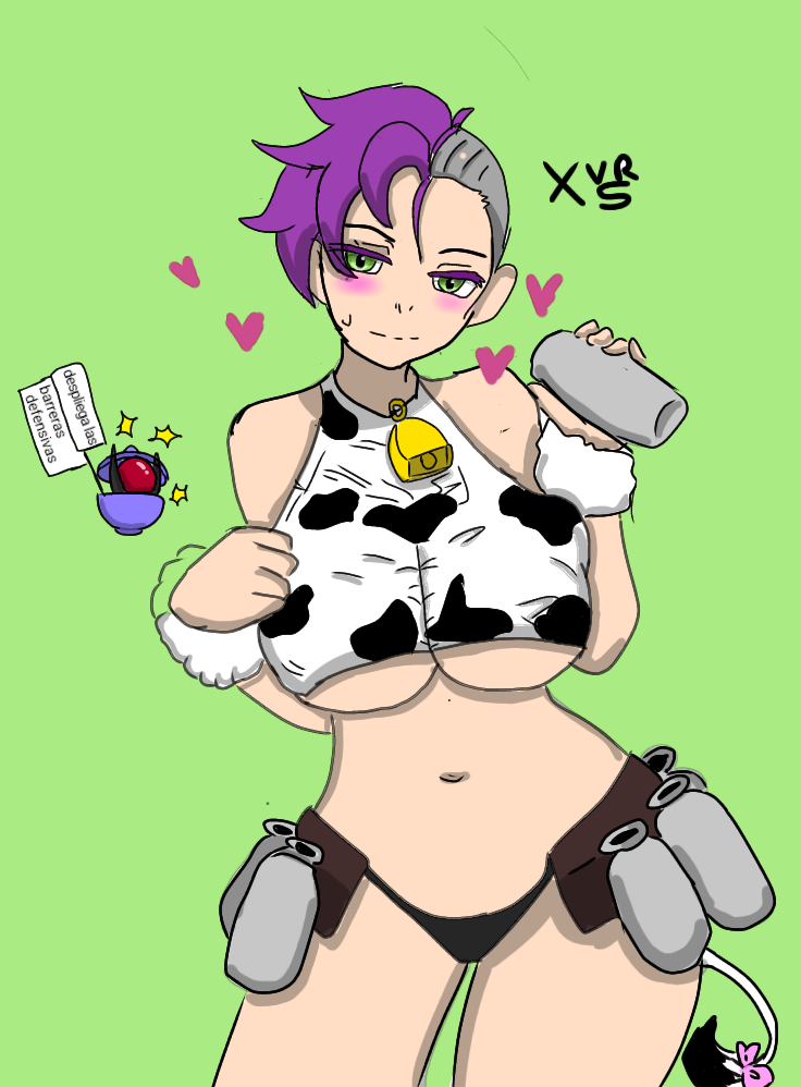 1female 1girl 1girls artist_logo artist_name artist_signature bell_collar belly_button big_bell big_breasts big_chest bloodstrike blush blushing blushing_at_viewer blushing_female cow_girl cow_tail cowgirl cowgirl_outfit female female_focus female_only green_eyes holding_object nova panty purple_hair simple_background spanish_text star stars sweat sweatdrop sweating sweating_female teta tetas_grandes underboob undercut undercut_hair underwear underwear_only wristband