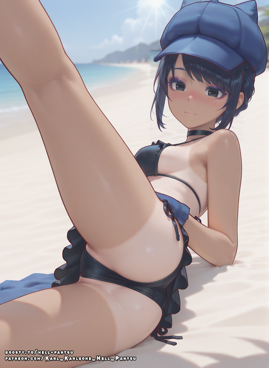 ai_generated bikini black_hair cap cappie_(miside) female gloves hell-pantsu miside